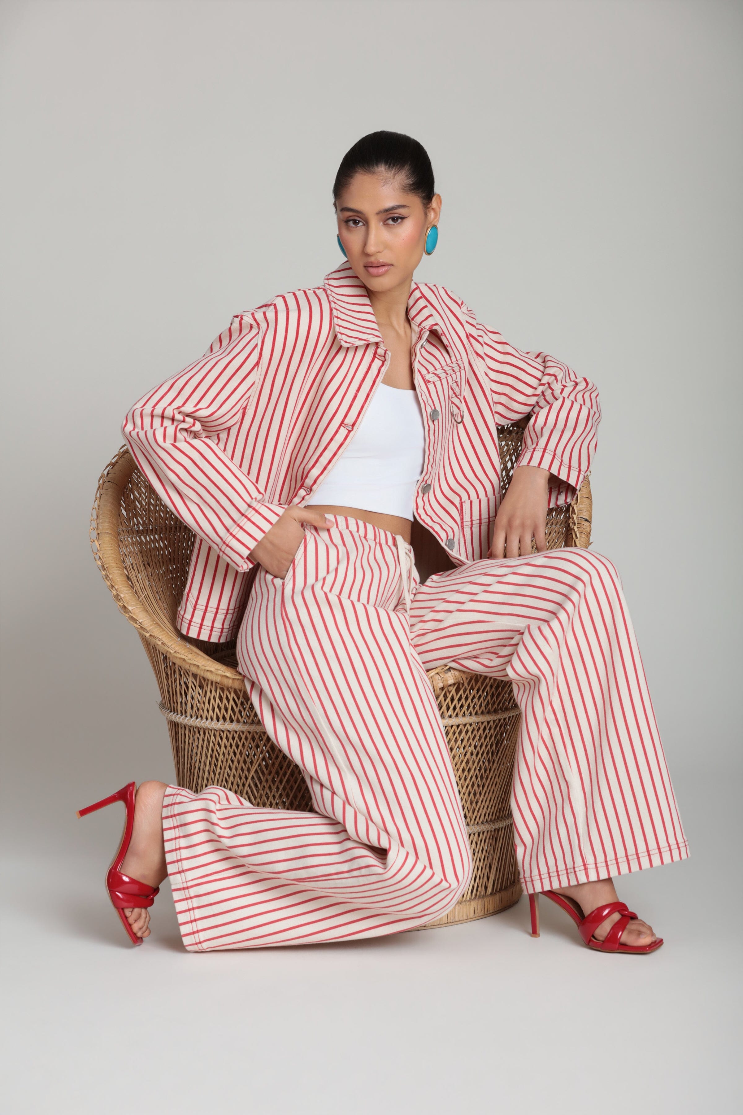 Stretch cotton  striped red pants with red striped button down jacket - Shop cotton striped pants & jackets by Avec Les Filles