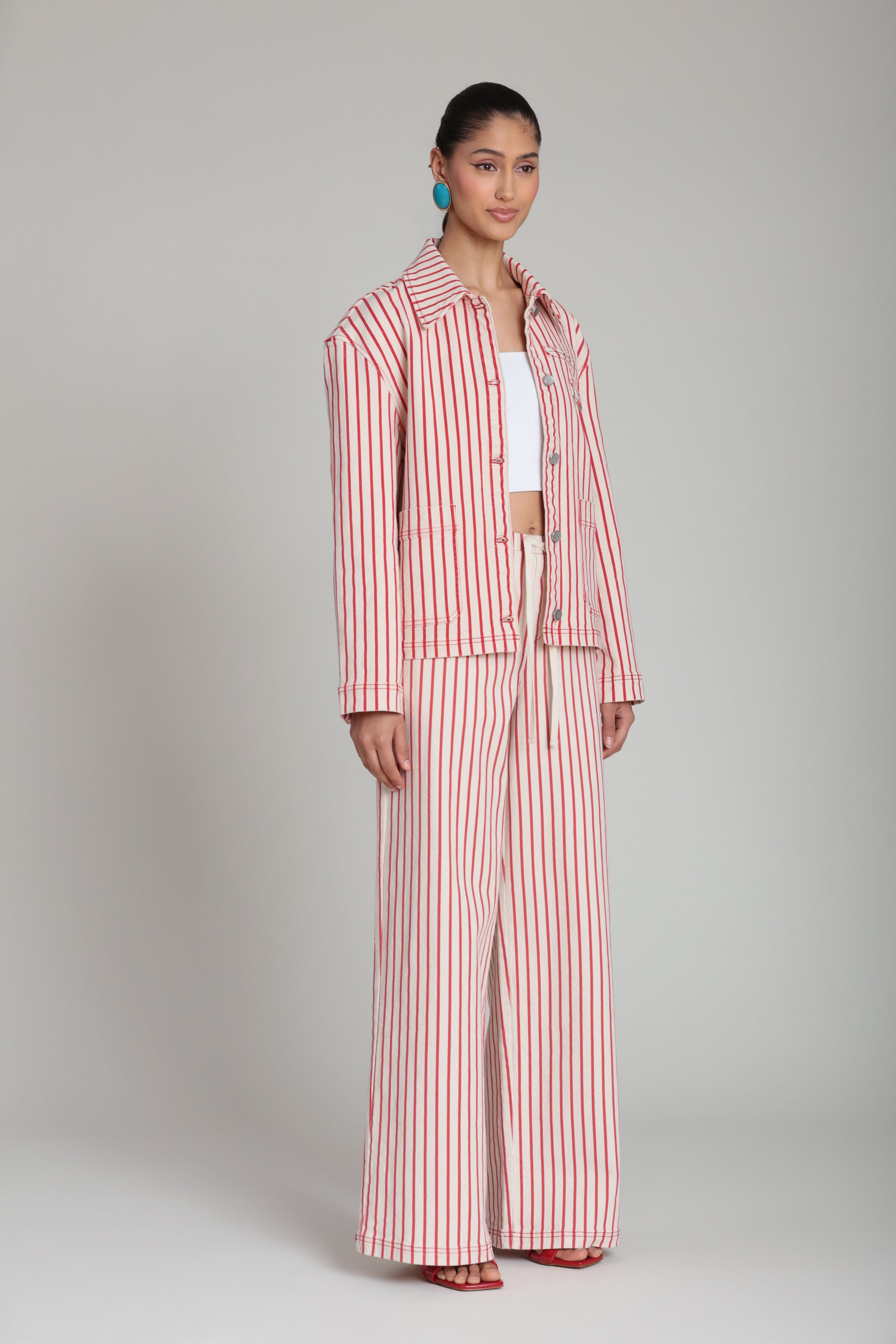 Stretch cotton red striped wide leg pants with red striped jacket - Shop cute pants & jackets by Avec Les Filles.