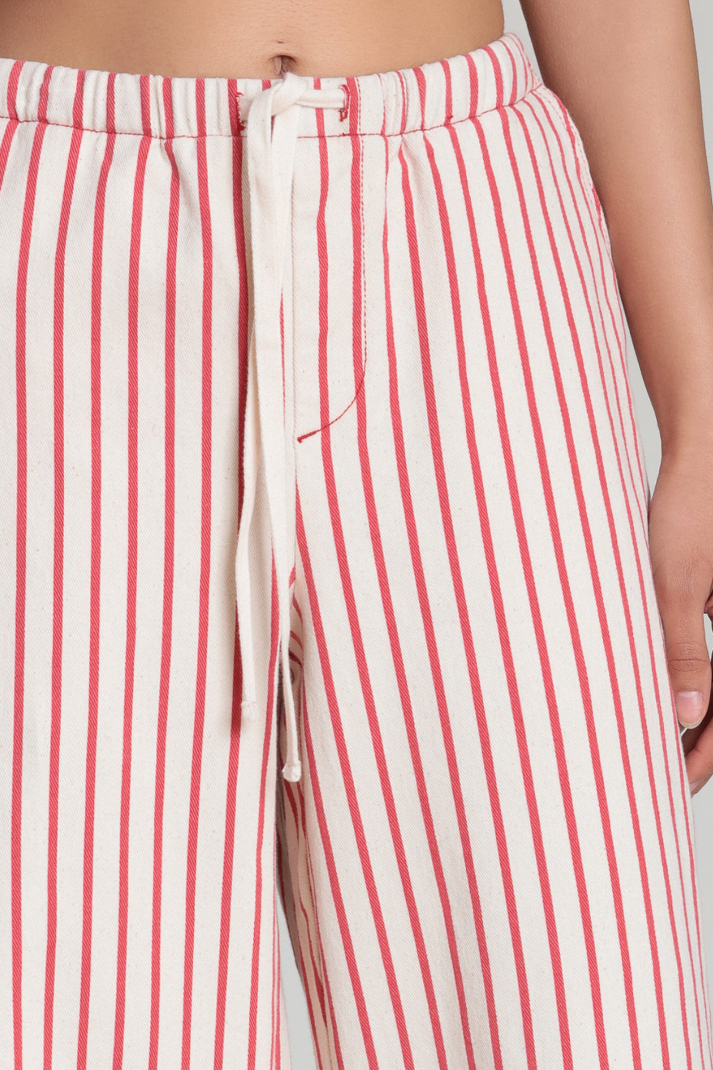 Stretch cotton wide leg stripe pants with an elastic waistband with an adjustable drawstring tie by Avec Les Filles