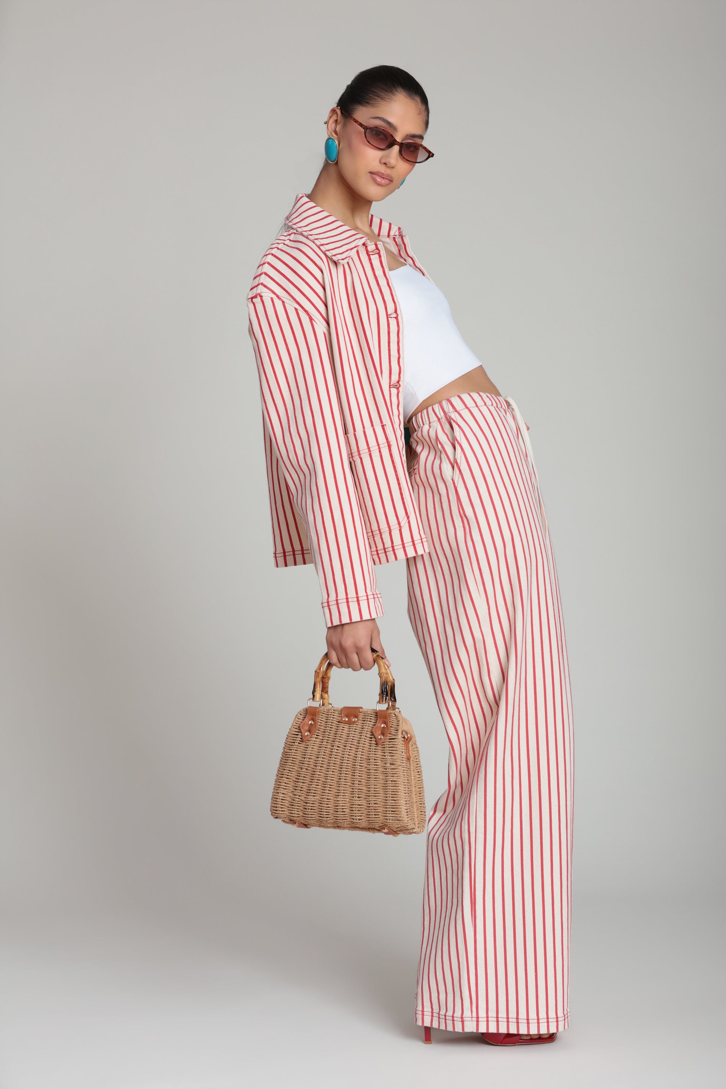 Stretch cotton red striped wide leg pants with red striped button down jacket - Shop cute pants & jackets by Avec Les Filles.
