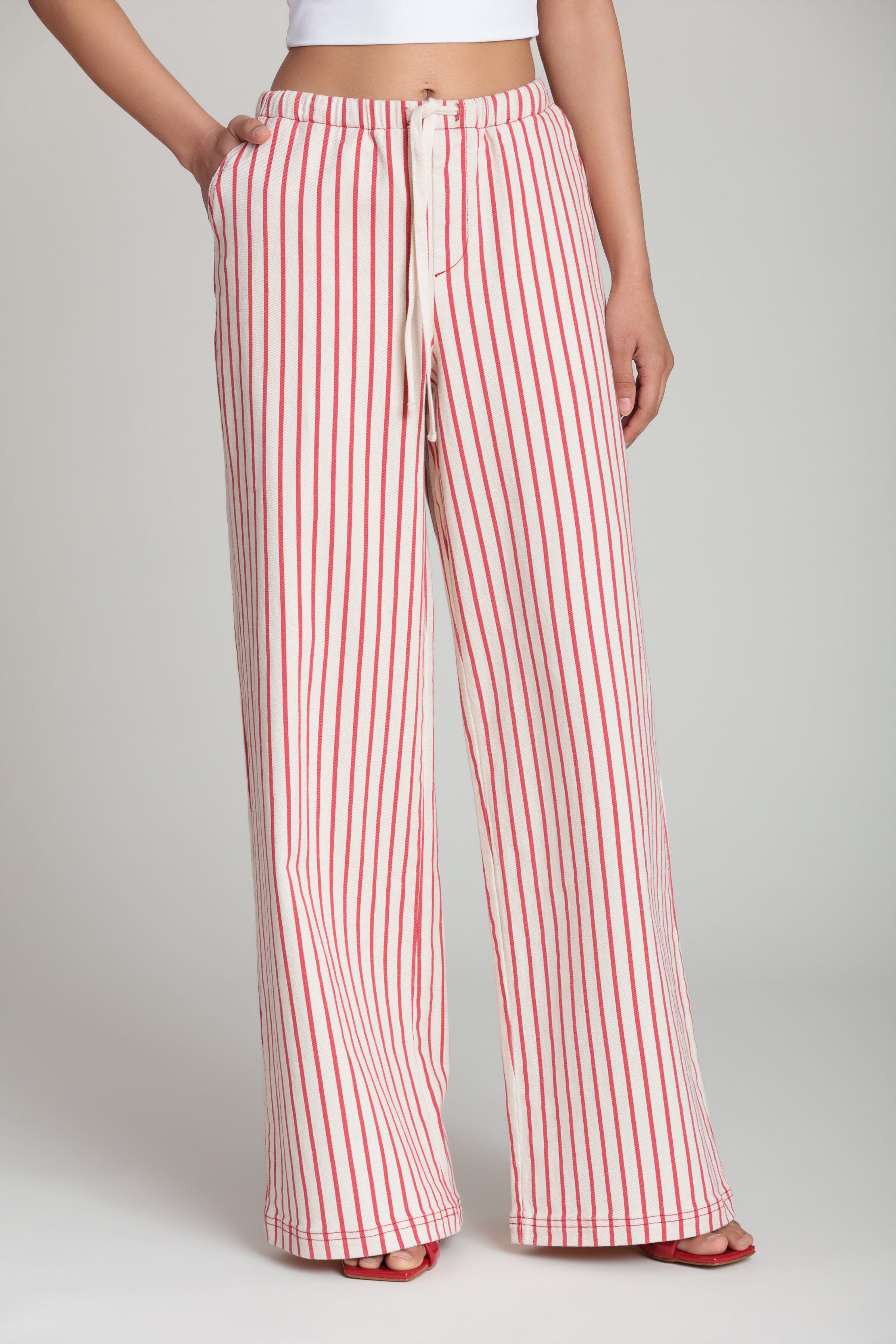 Wide leg striped pants with adjustable drawstring tie - Shop women's cotton striped pants by Avec Les Filles