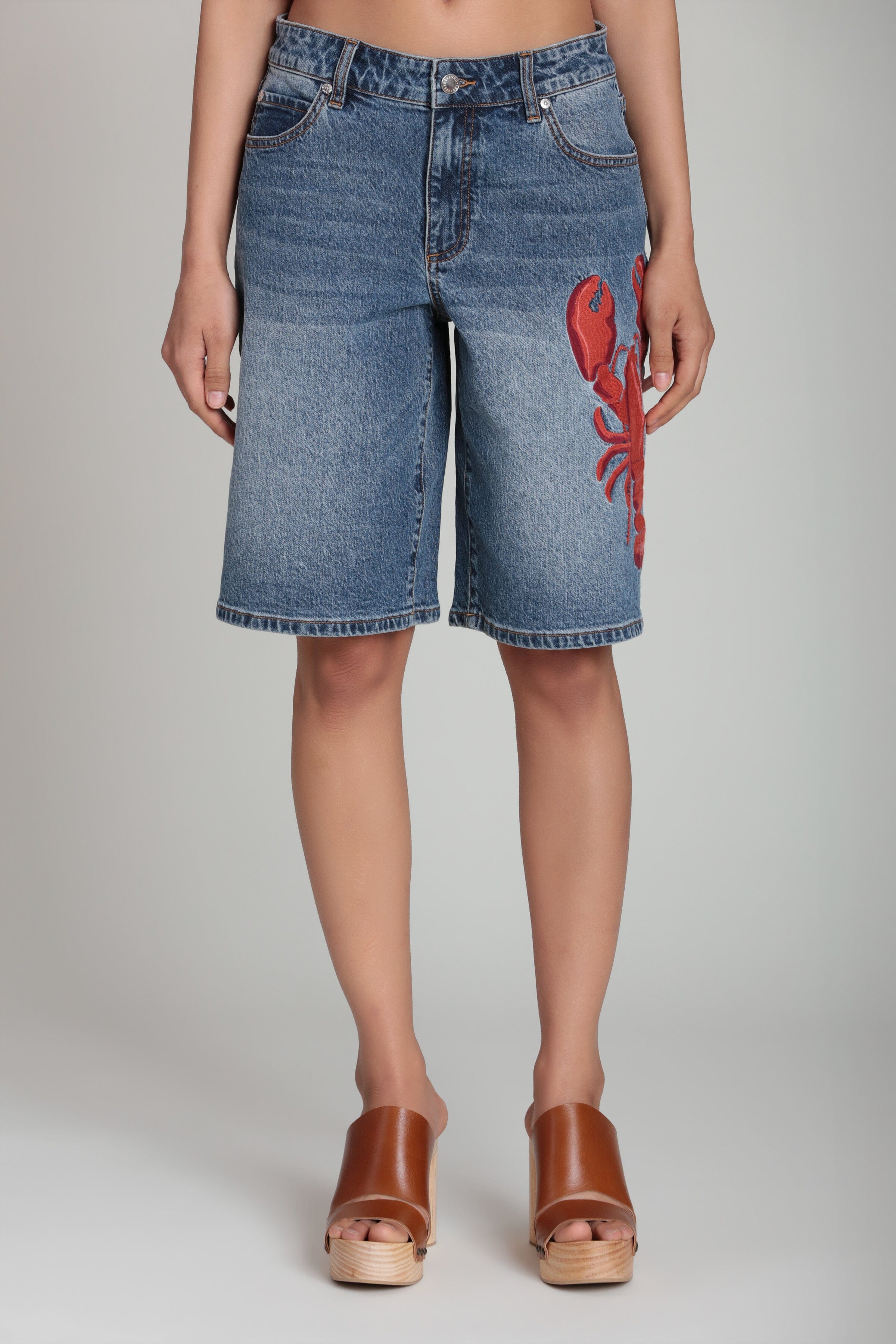 Blue embroidered denim shorts with high-rise waist and lobster embroidery - Shop cute denim shorts by Avec Les Filles.