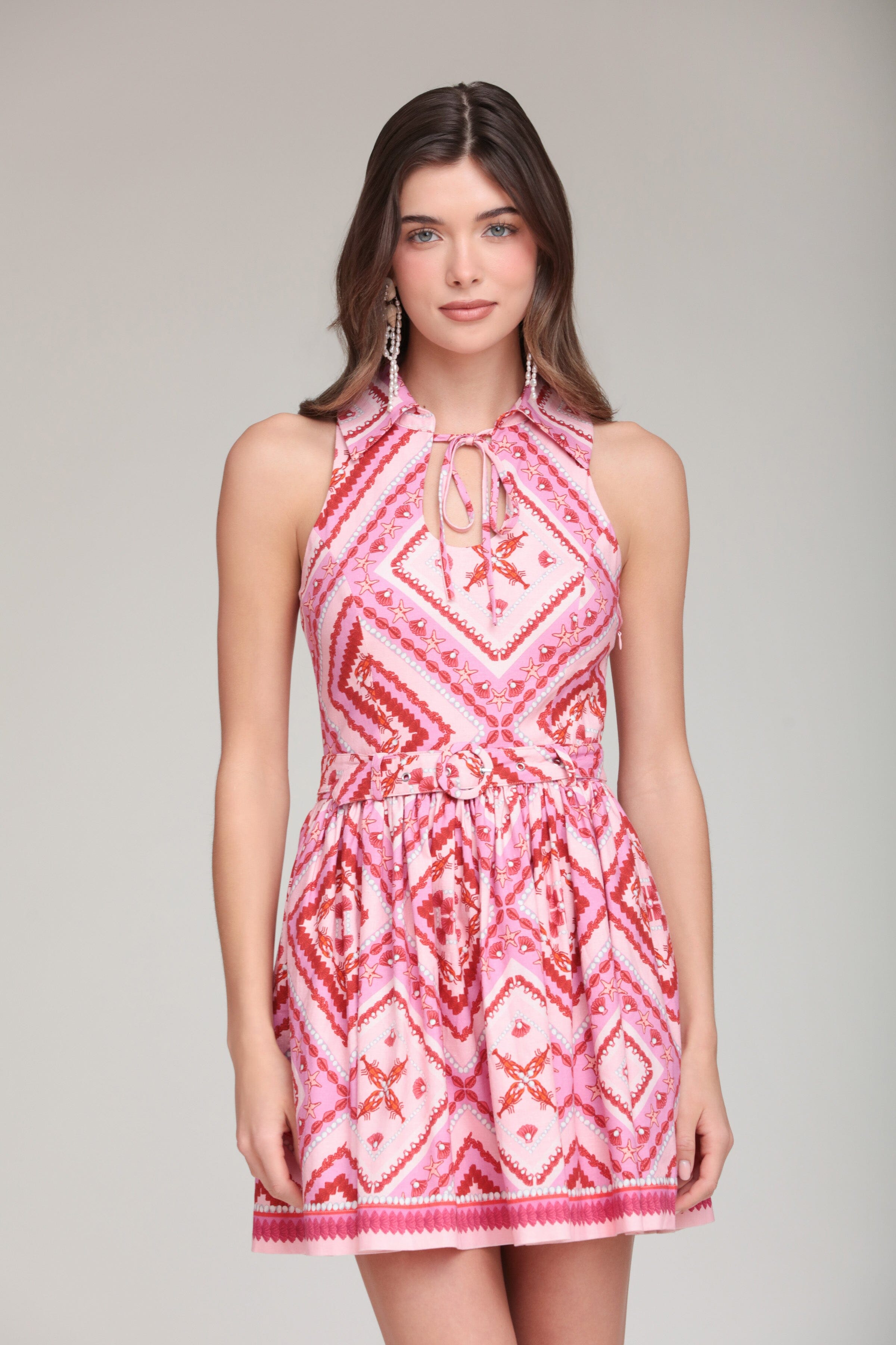 Mosaic pink and red printed mini dress with a removable belt - Shop designer women's mini dresses by Avec Les Filles