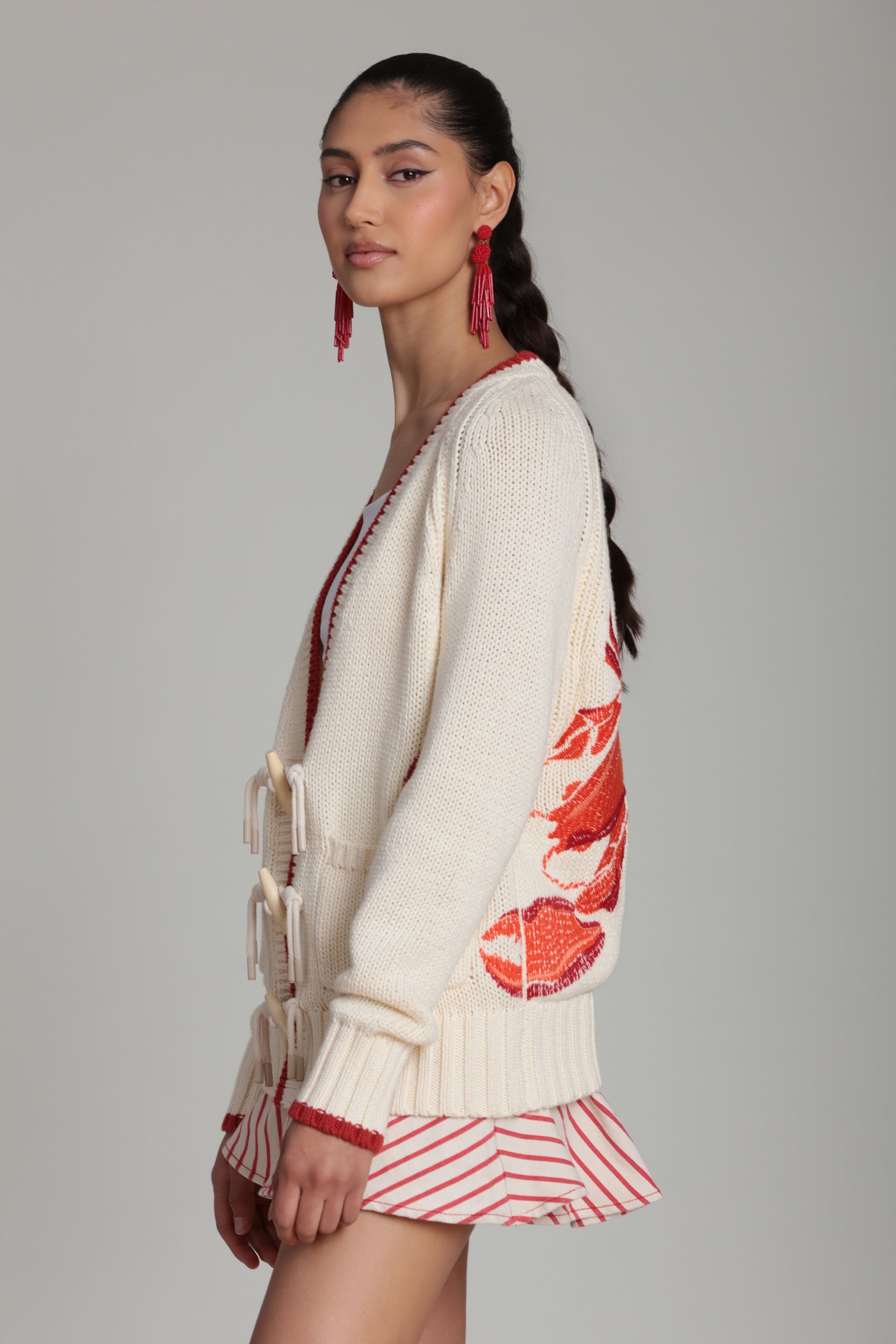 Ivory and red cotton knit cardigan with  raglan sleeves - Shop designer women's cute cardigans by Avec Les Filles
