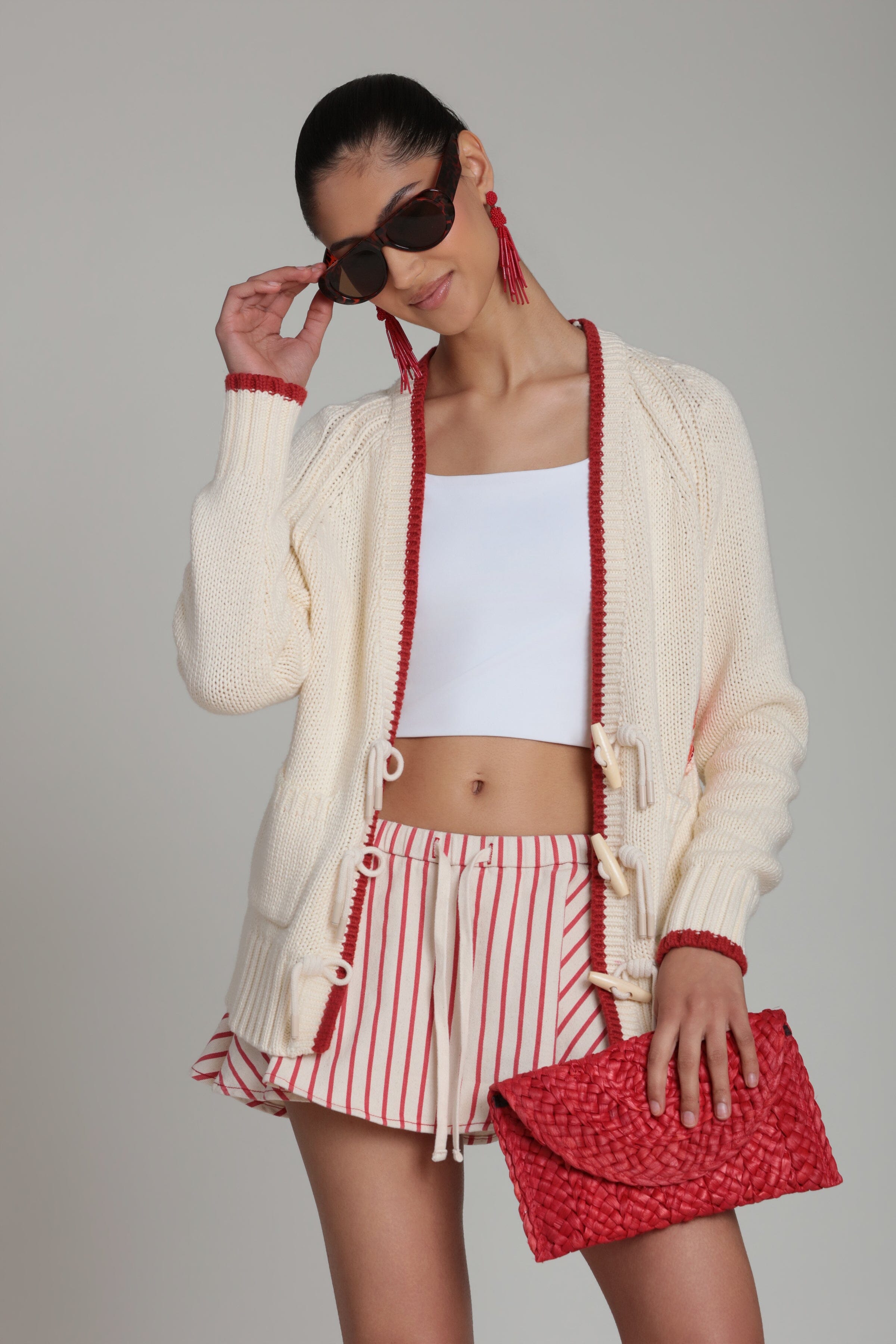 Cotton ivory and red lobster cardigan with raglan sleeves - Shop designer women's cute cardigans by Avec Les Filles