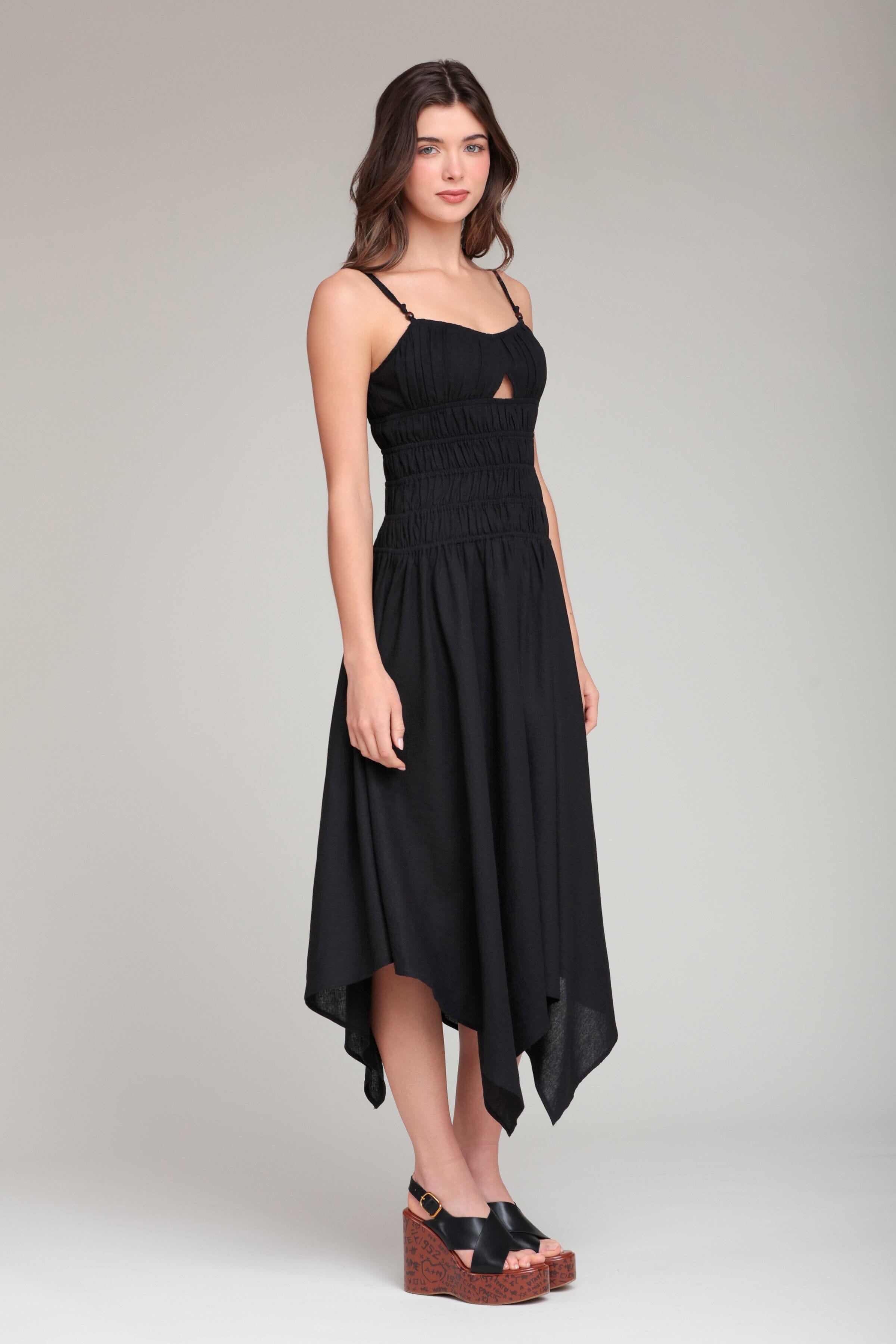 Linen Blend Sleeveless Black Midi Dress Black / M