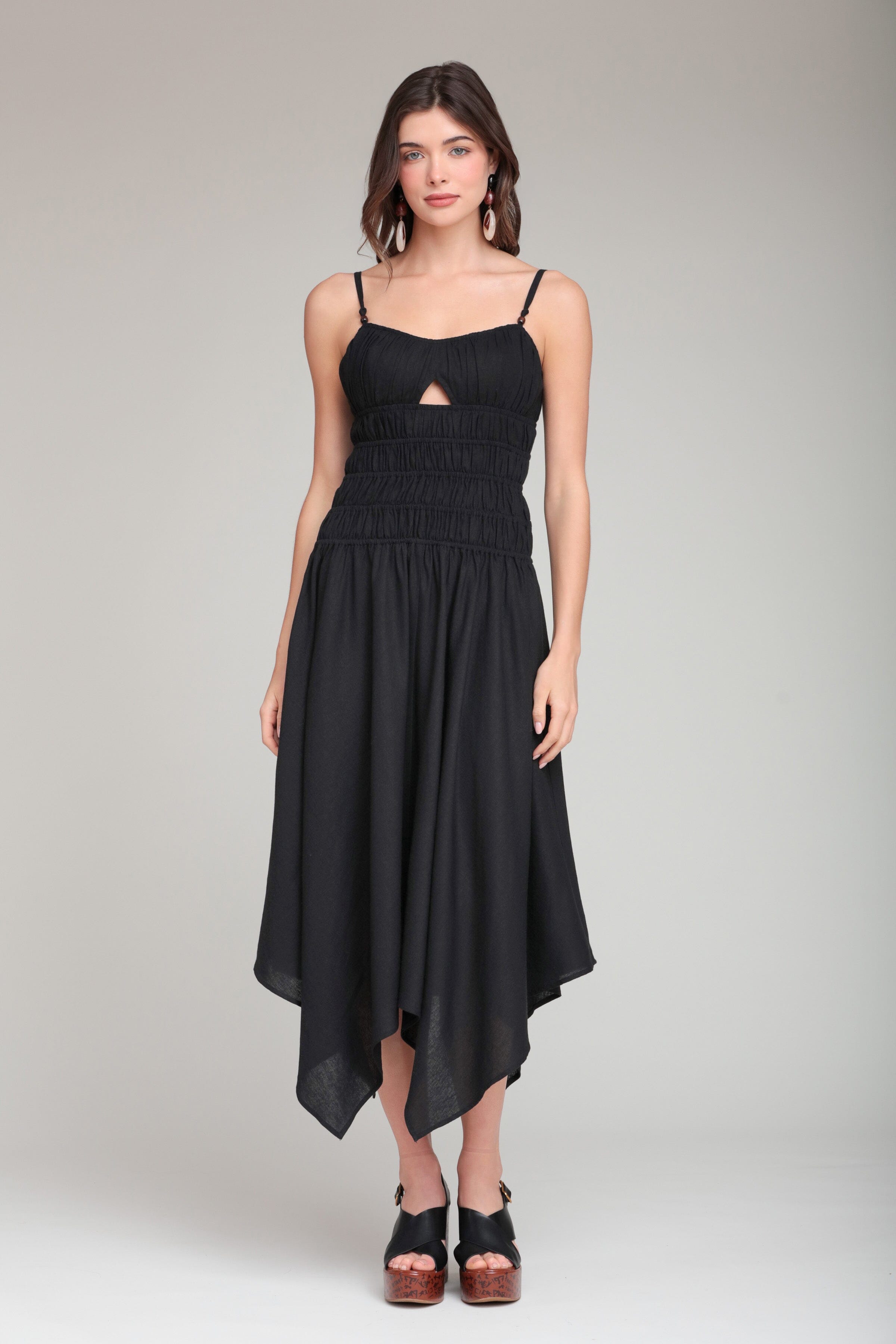 Linen Blend Sleeveless Black Midi Dress Black / M Linen Blend Sleeveless Black Midi Dress Black / M