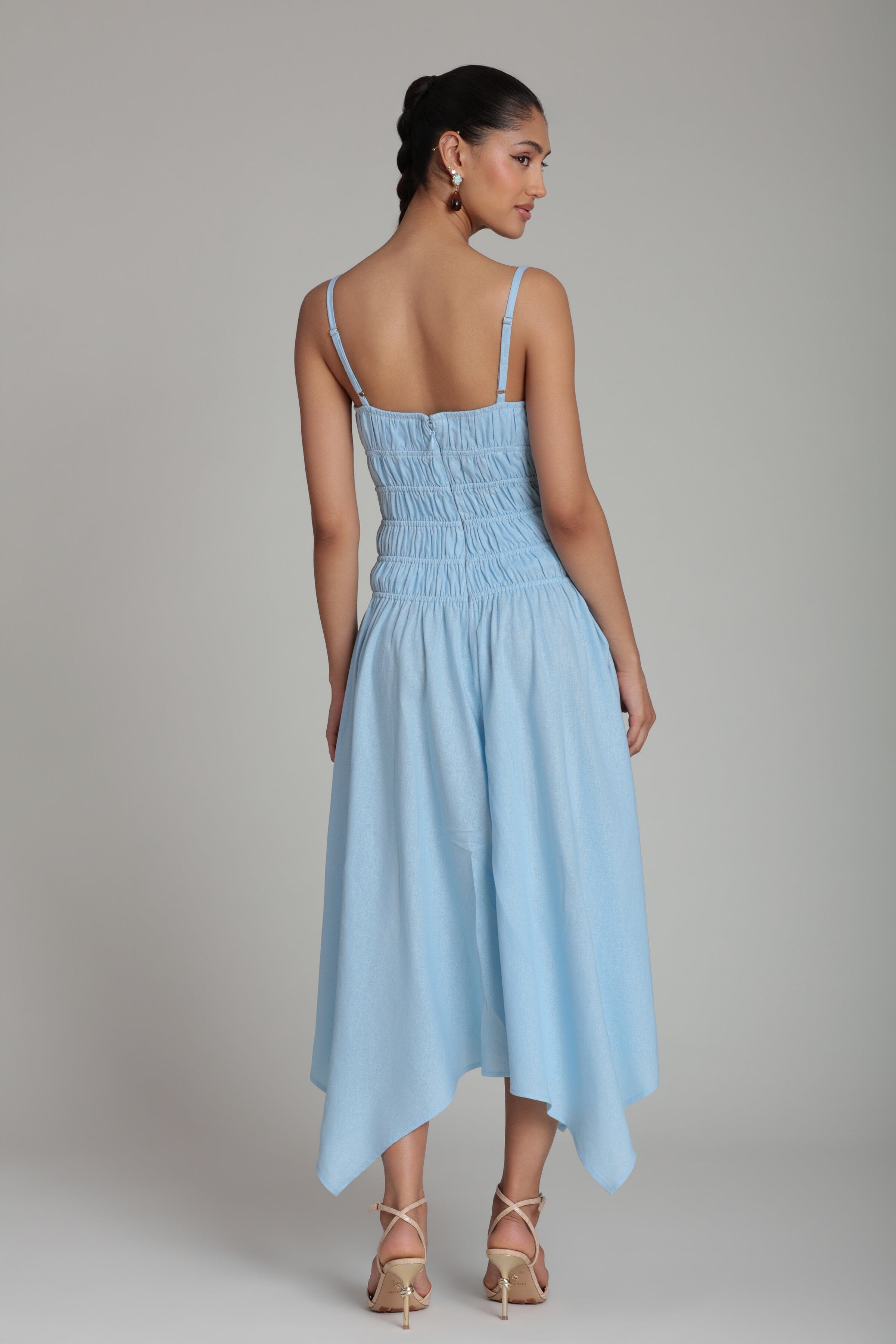 Linen Blend Sleeveless Light Blue Midi Dress