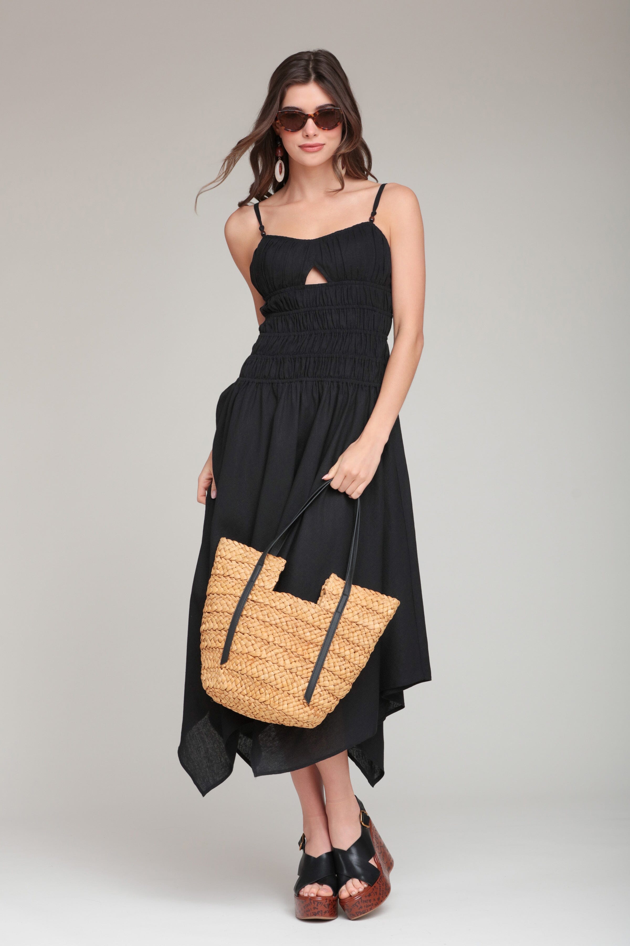 Linen Blend Sleeveless Black Midi Dress Black / M Linen Blend Sleeveless Black Midi Dress Black / M