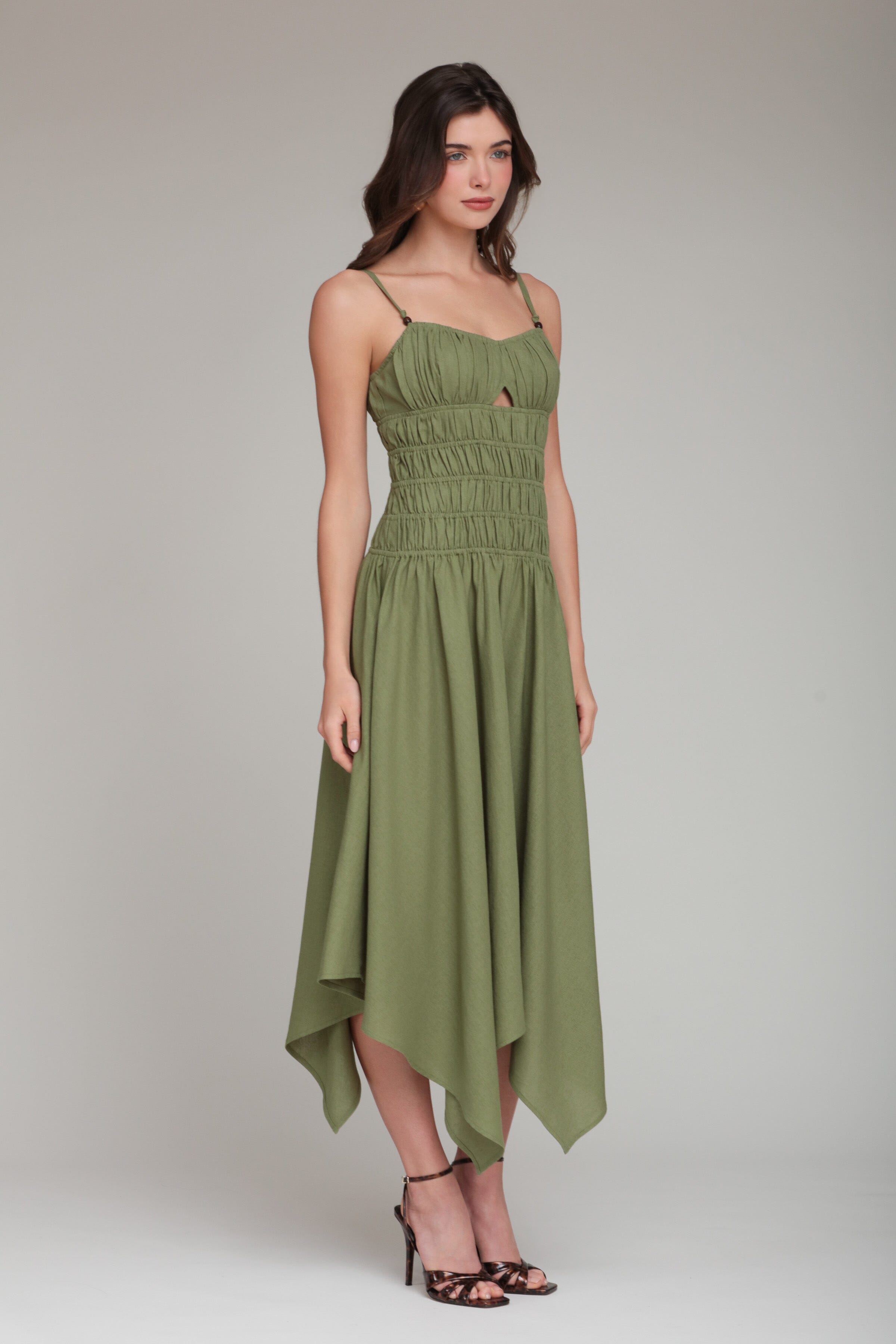 Linen Blend Shirred Handkerchief Hem Midi Dress - Green / XS Linen Blend Shirred Handkerchief Hem Midi Dress - Green / XS