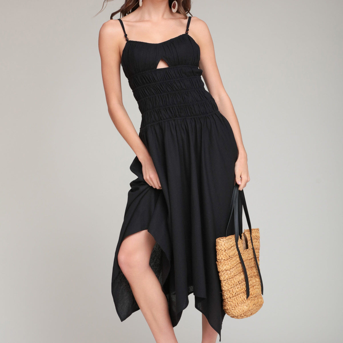 Linen Blend Sleeveless Black Midi Dress