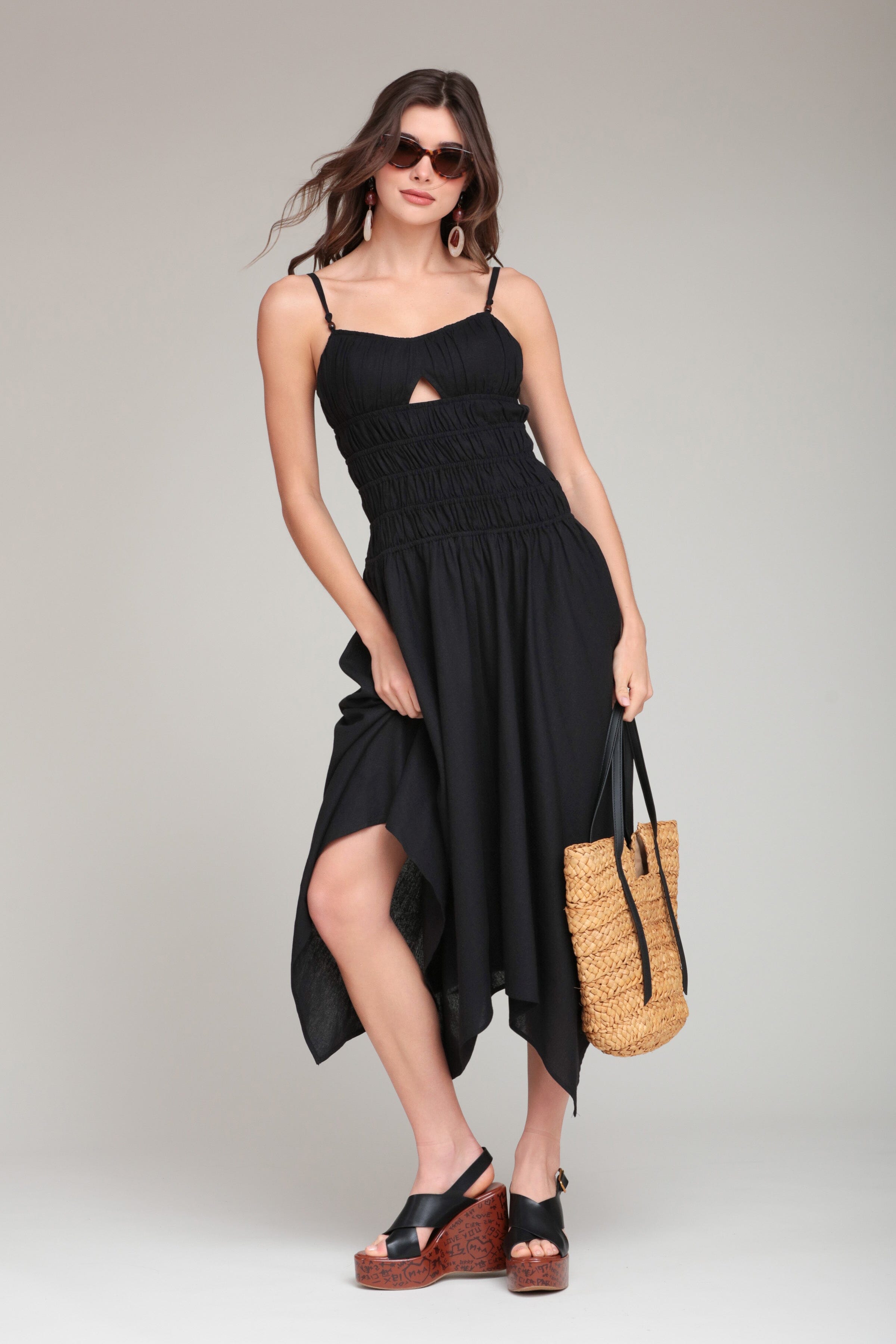 Linen Blend Sleeveless Black Midi Dress Black / M Linen Blend Sleeveless Black Midi Dress Black / M