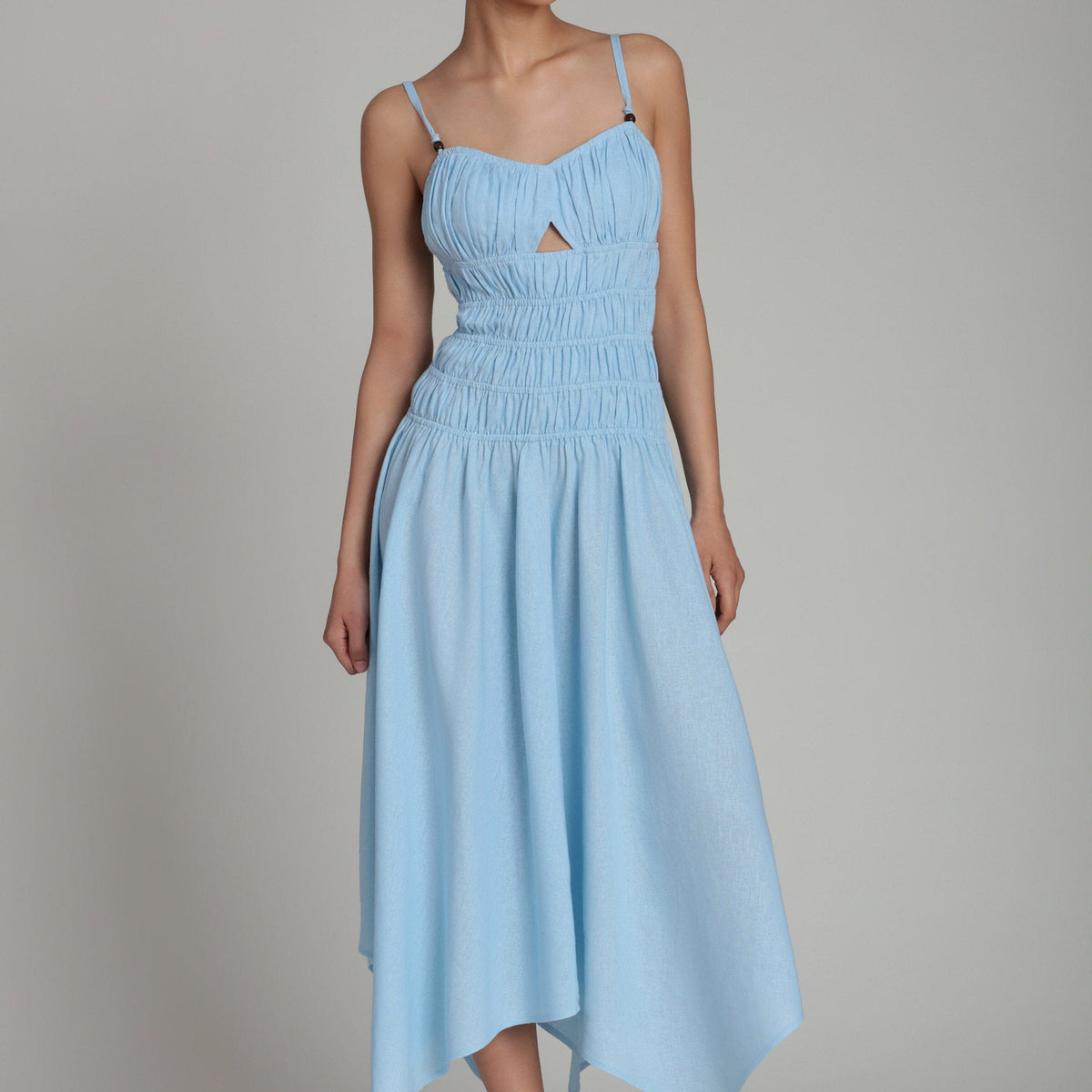 Linen Blend Sleeveless Light Blue Midi Dress