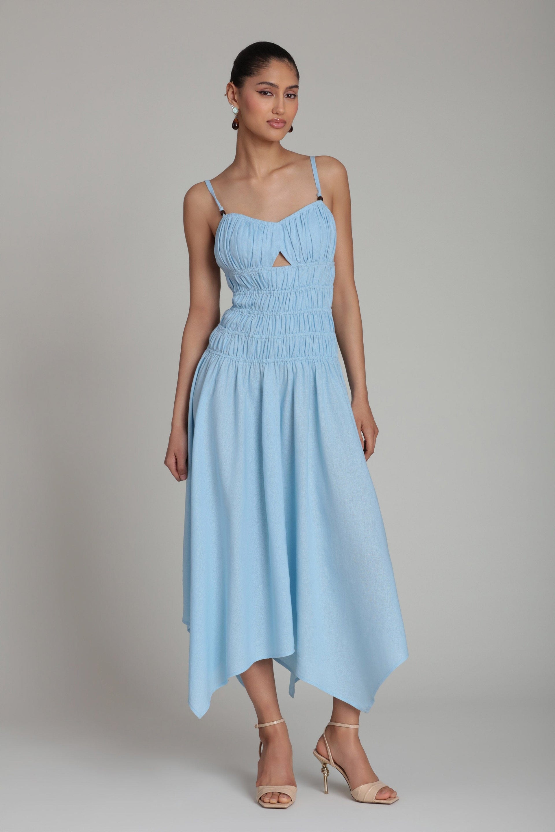 Linen Blend Sleeveless Light Blue Midi Dress Linen Blend Sleeveless Light Blue Midi Dress