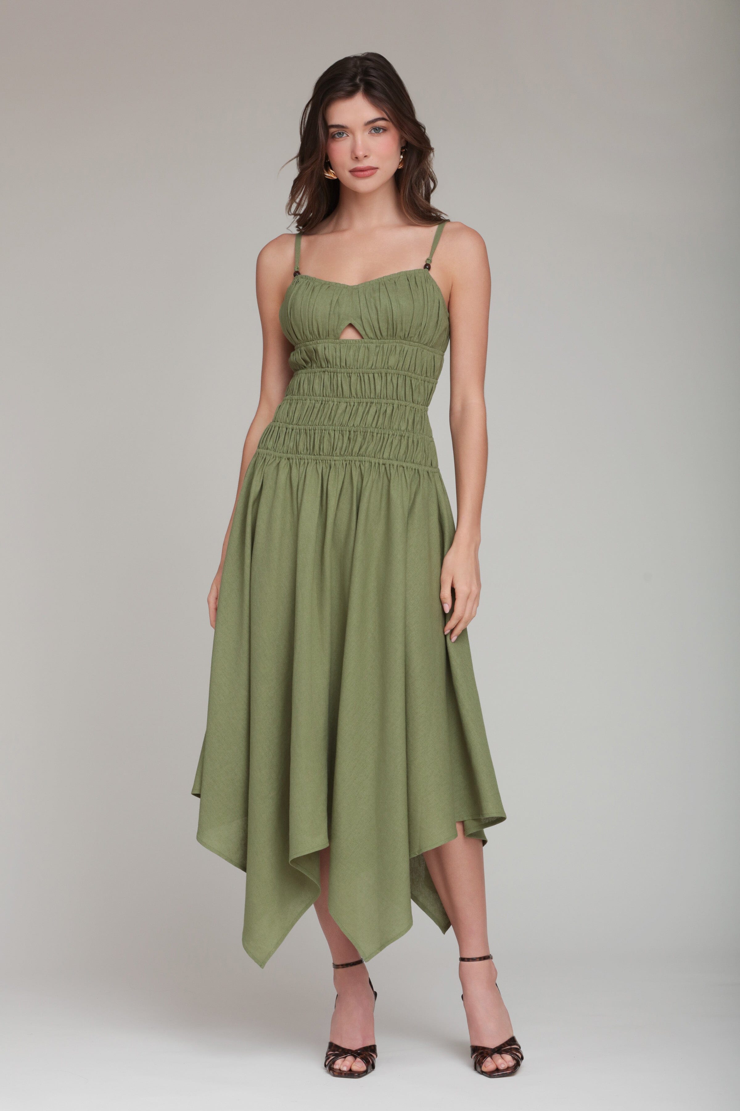 Linen Blend Shirred Handkerchief Hem Midi Dress - Green / XS Linen Blend Shirred Handkerchief Hem Midi Dress - Green / XS