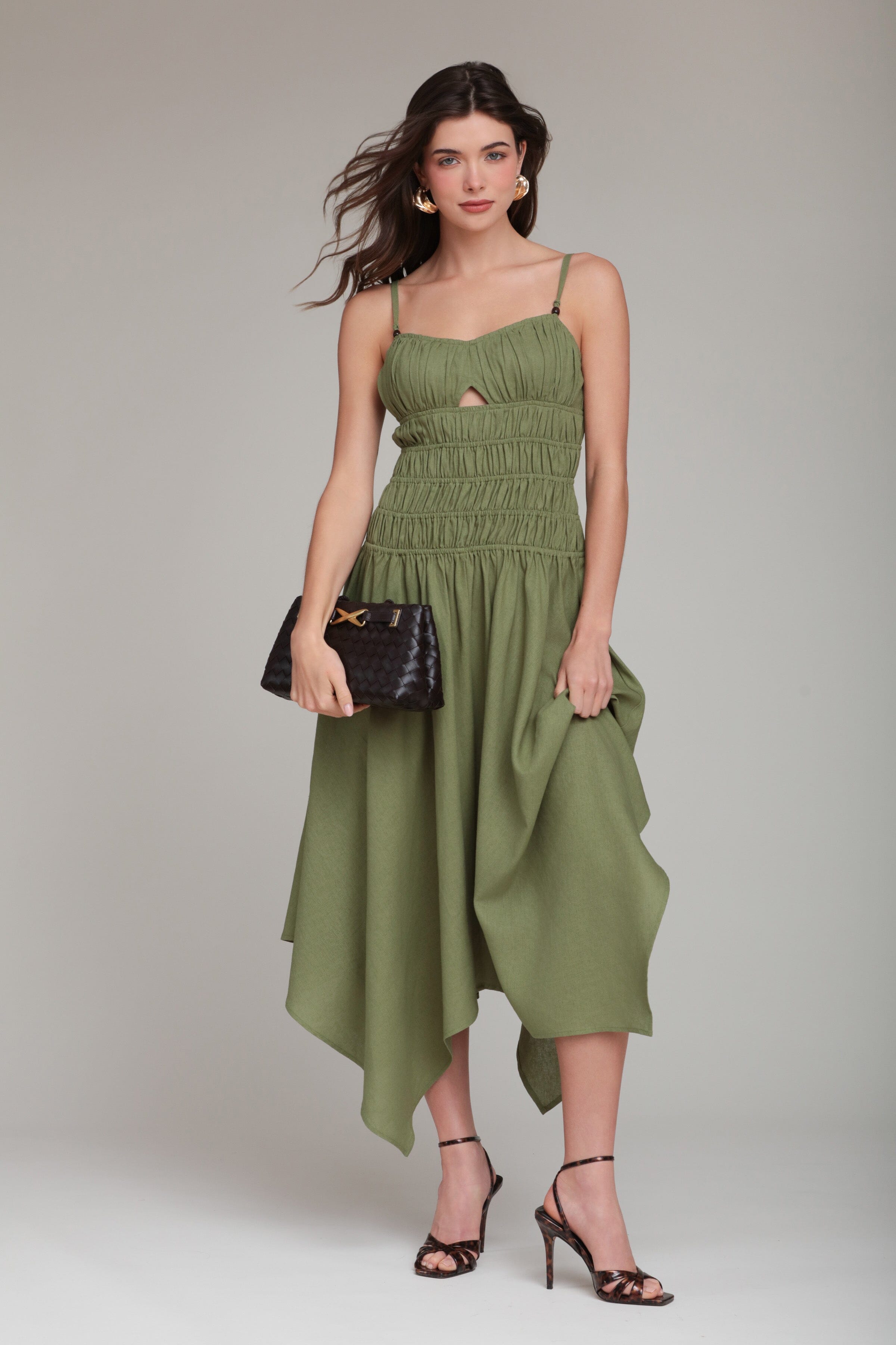 Linen Blend Sleeveless Green Midi Dress Linen Blend Sleeveless Green Midi Dress
