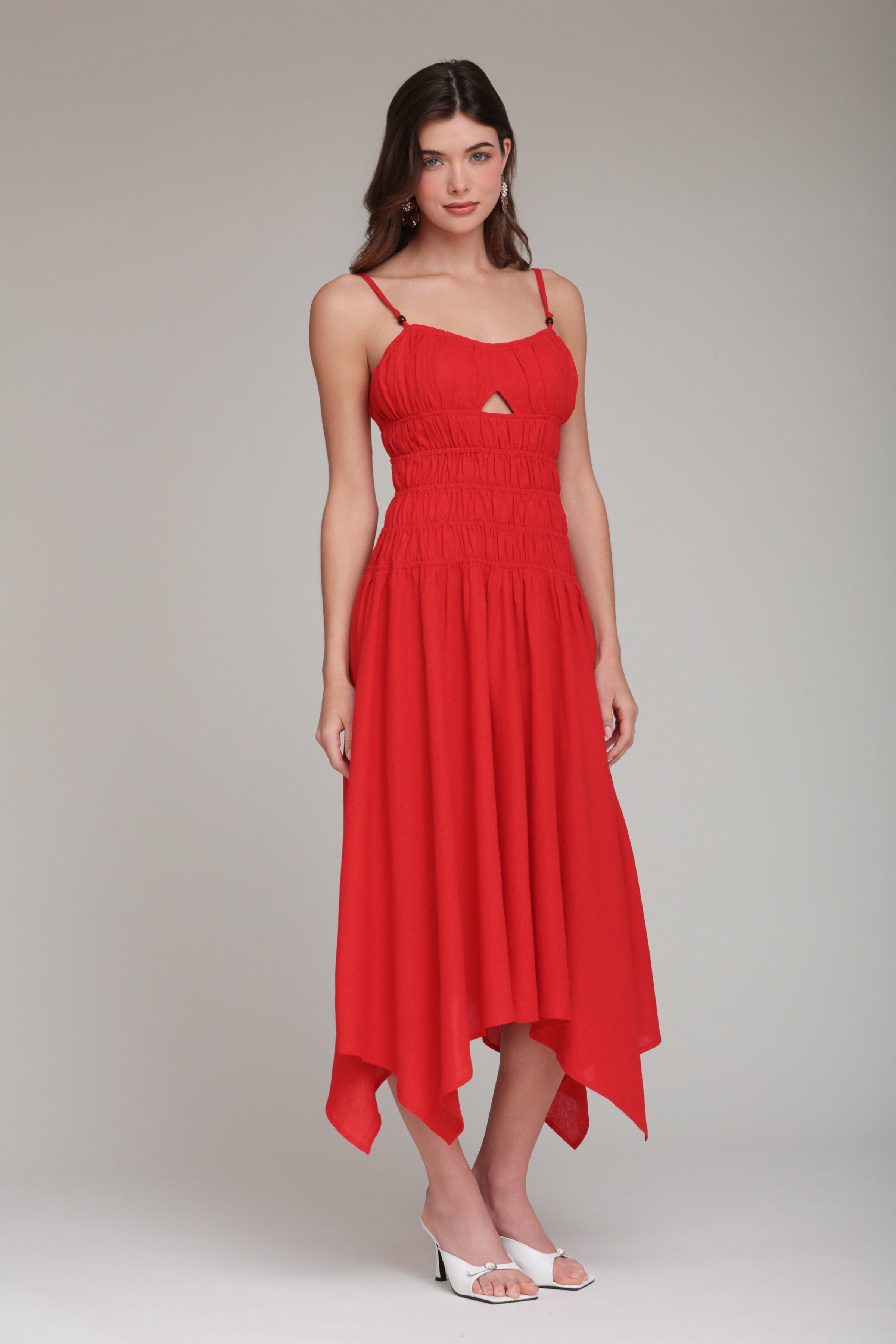 Linen Blend Shirred Handkerchief Hem Midi Dress