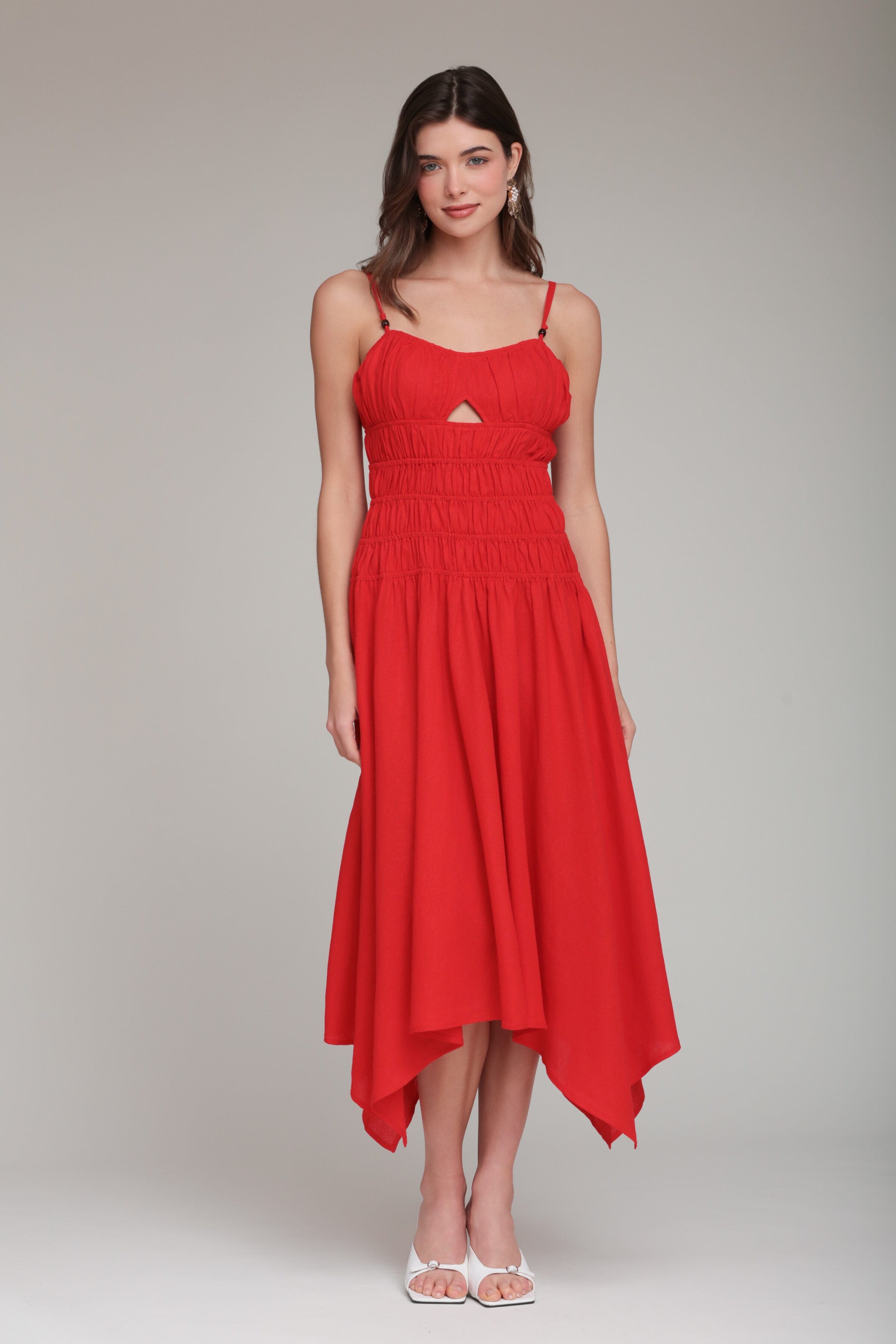 Linen Blend Shirred Handkerchief Hem Midi Dress Linen Blend Shirred Handkerchief Hem Midi Dress