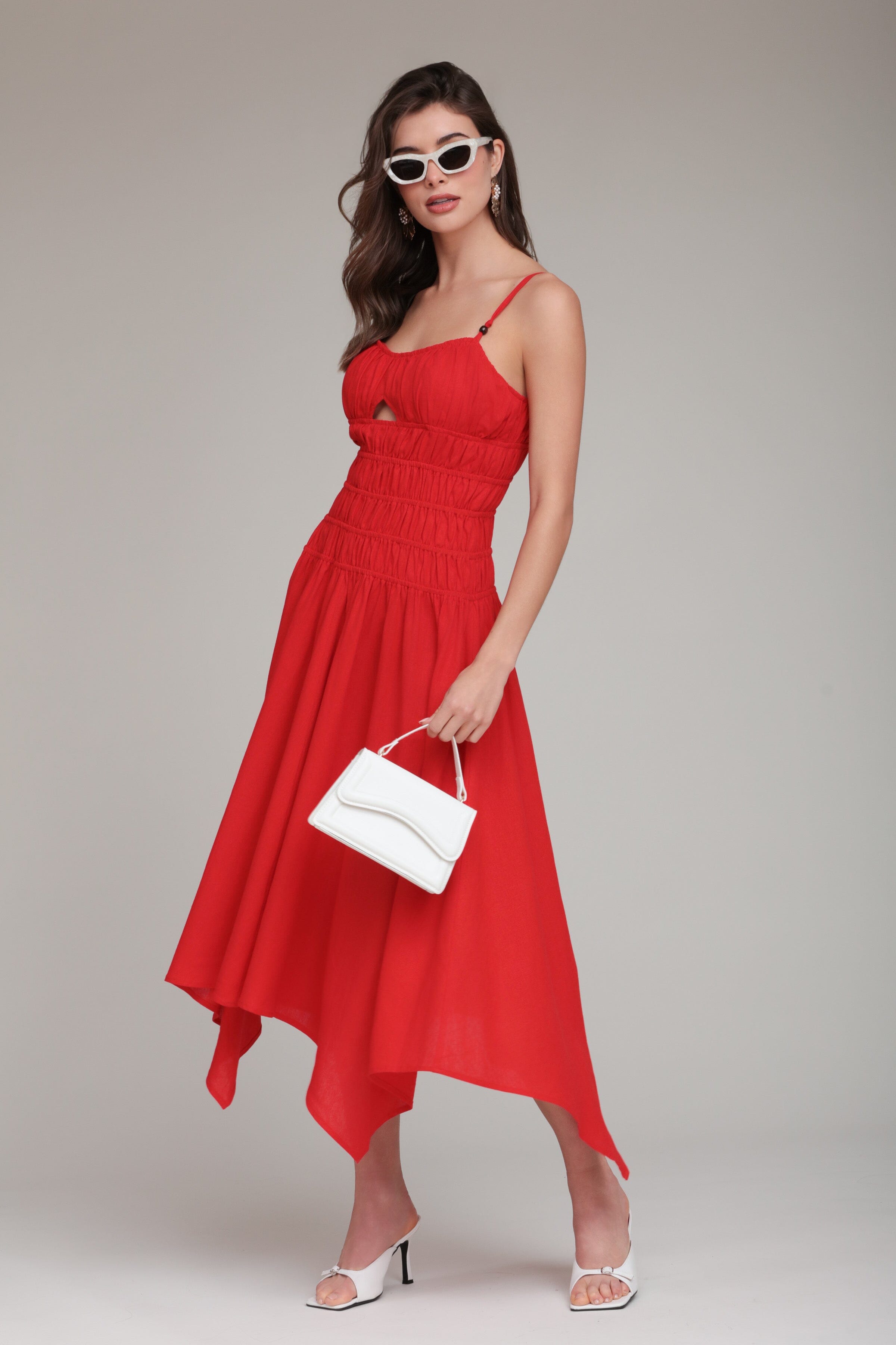 Linen Blend Shirred Handkerchief Hem Midi Dress Linen Blend Shirred Handkerchief Hem Midi Dress