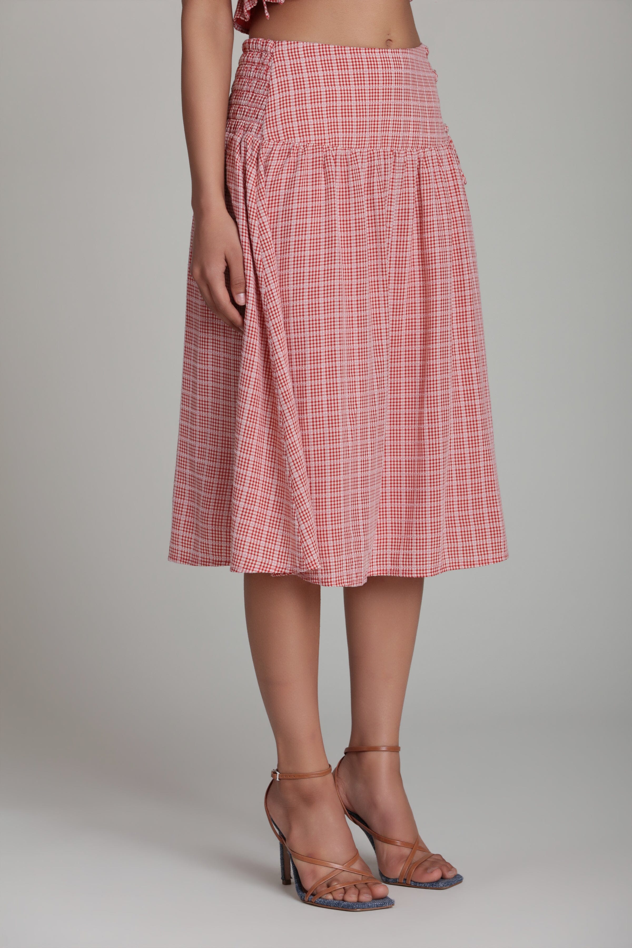 Women's red gingham midi skirt with a smocked waistband - Shop designer cute midi skirts by Avec Les Filles