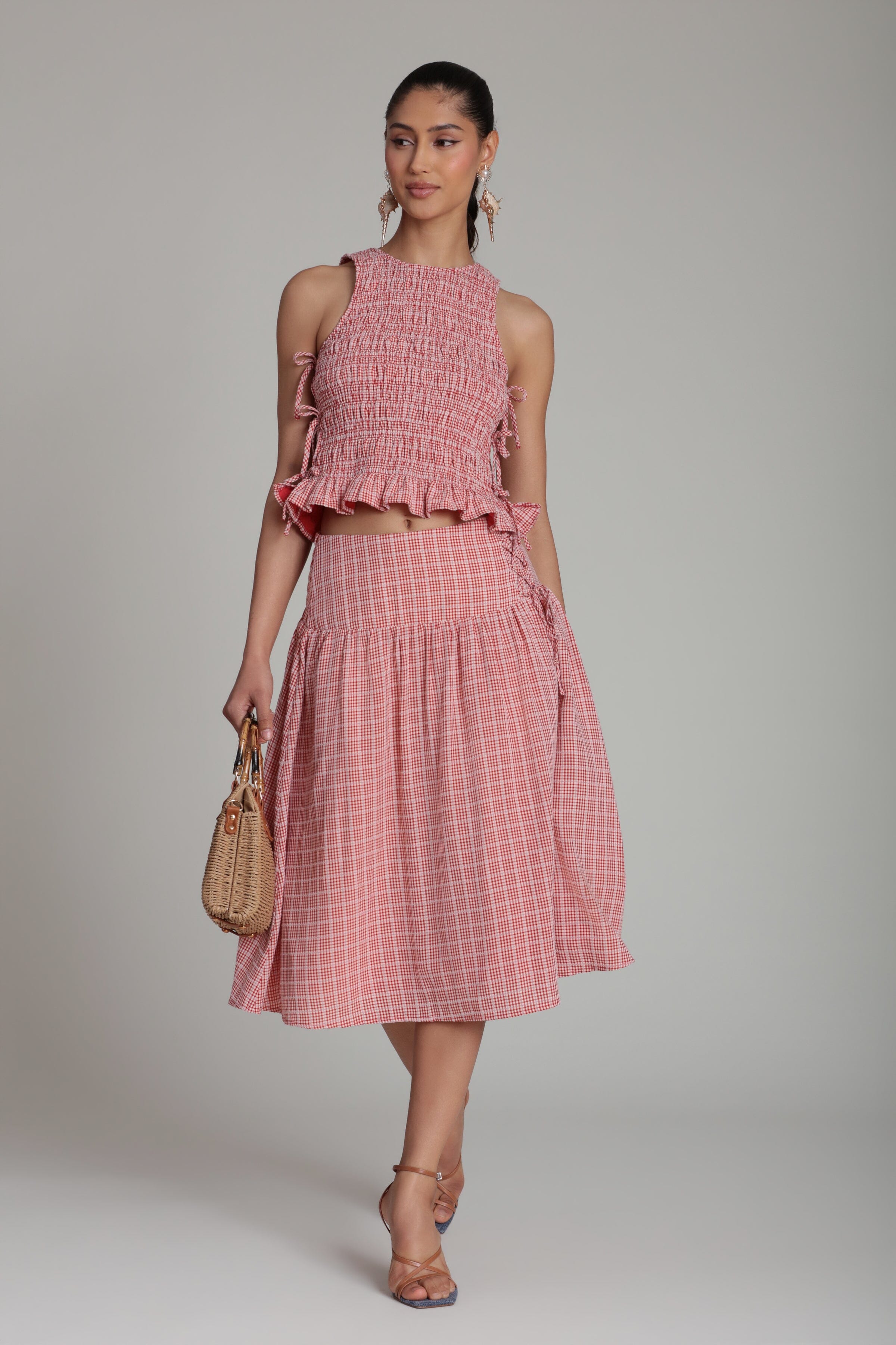 Red gingham skirt midi with a smocked waistband with gingham tank top - Shop women's midi skirts by Avec Les Filles