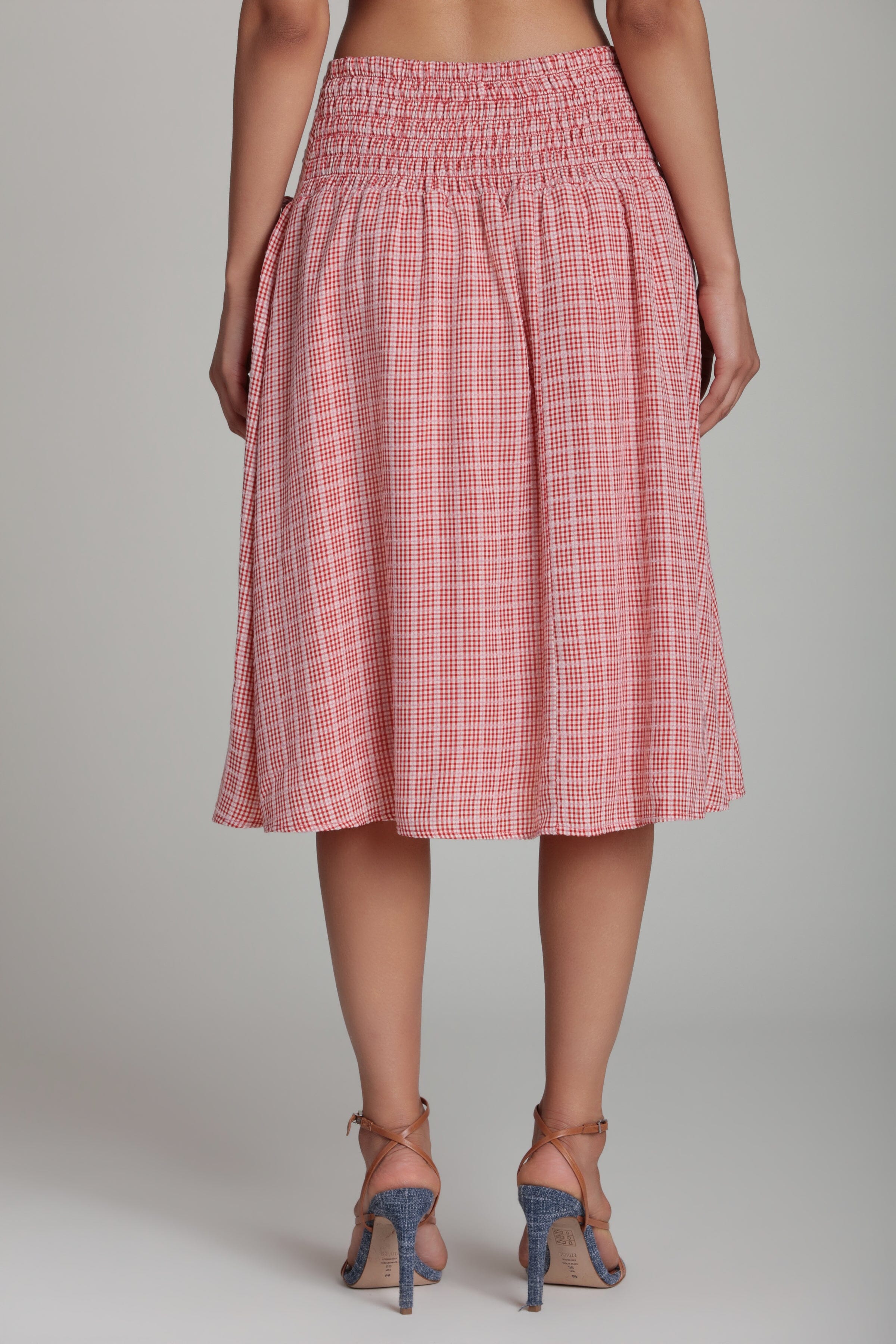 Red midi gingham skirt with a smocked waistband - Shop designer women's cute midi skirts by Avec Les Filles
