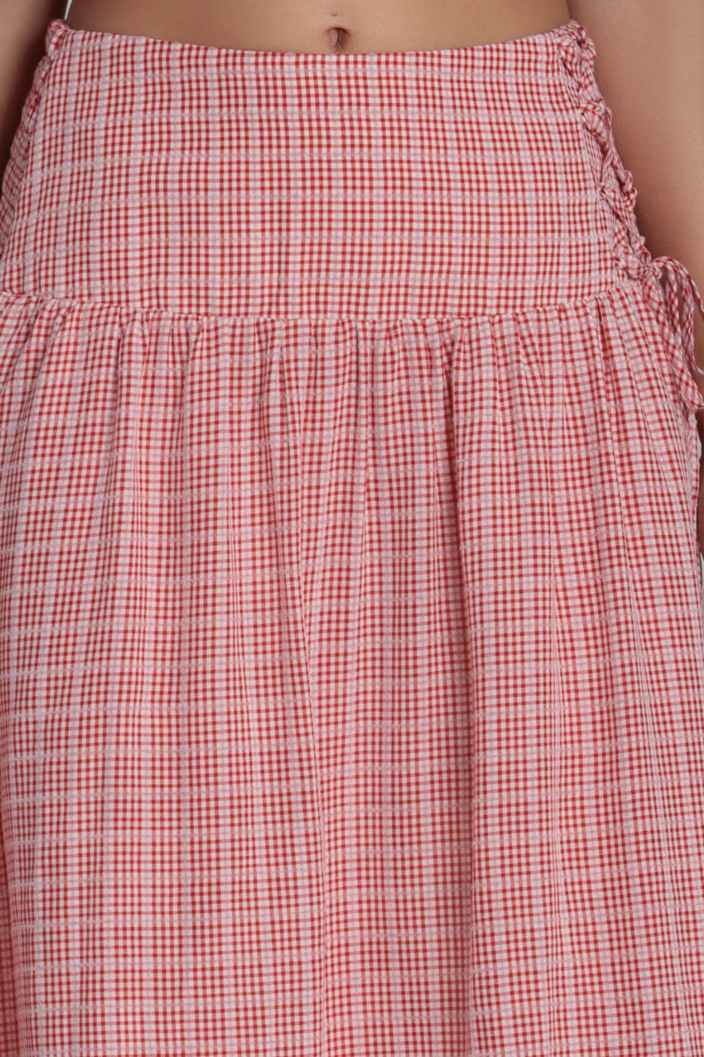 Gingham red midi skirt with a smocked waistband - Shop designer women's cute midi skirts by Avec Les Filles
