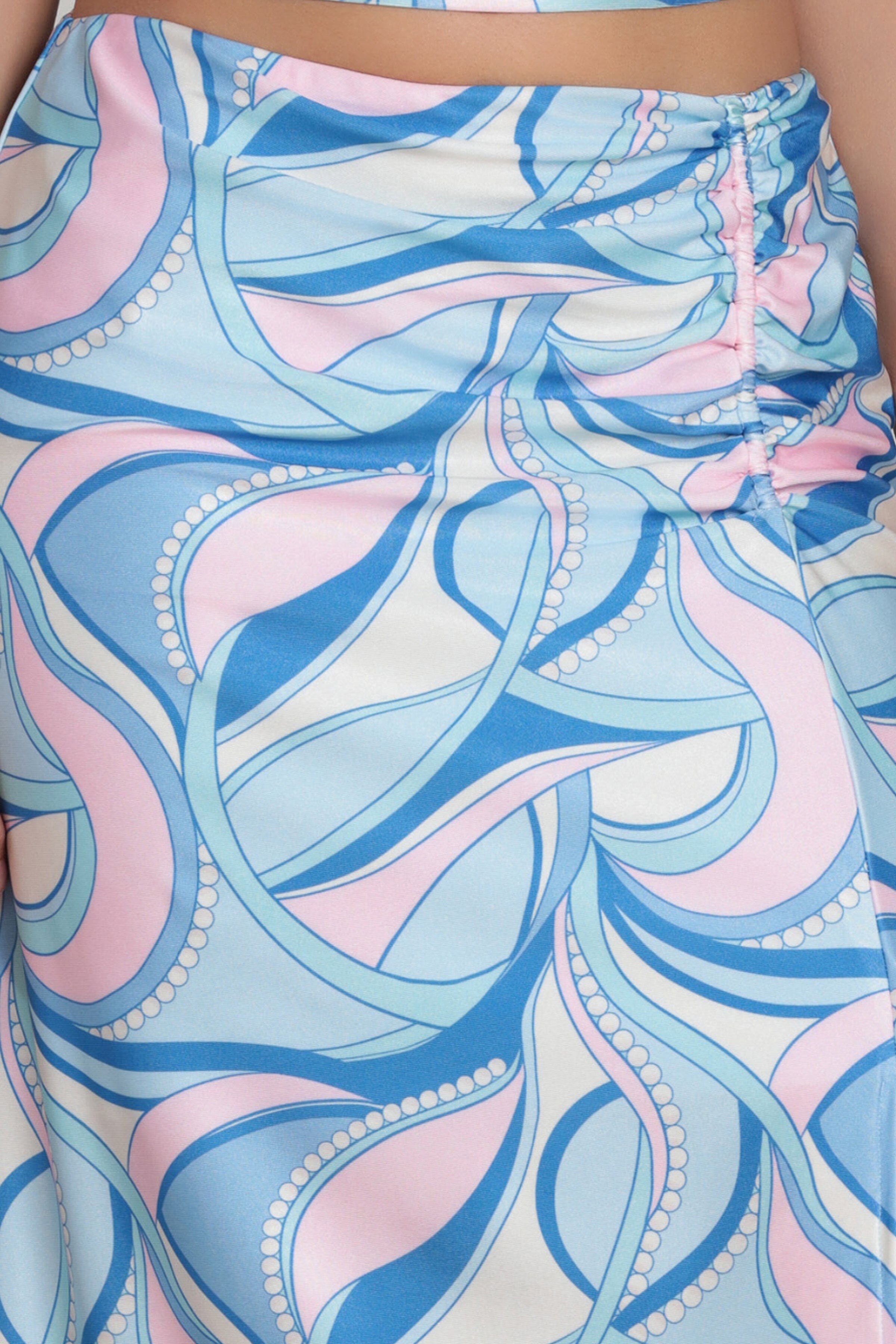 Satin paisley side-ruched blue retro midi skirt with high side slit - Shop women's midi skirts by Avec Les Filles