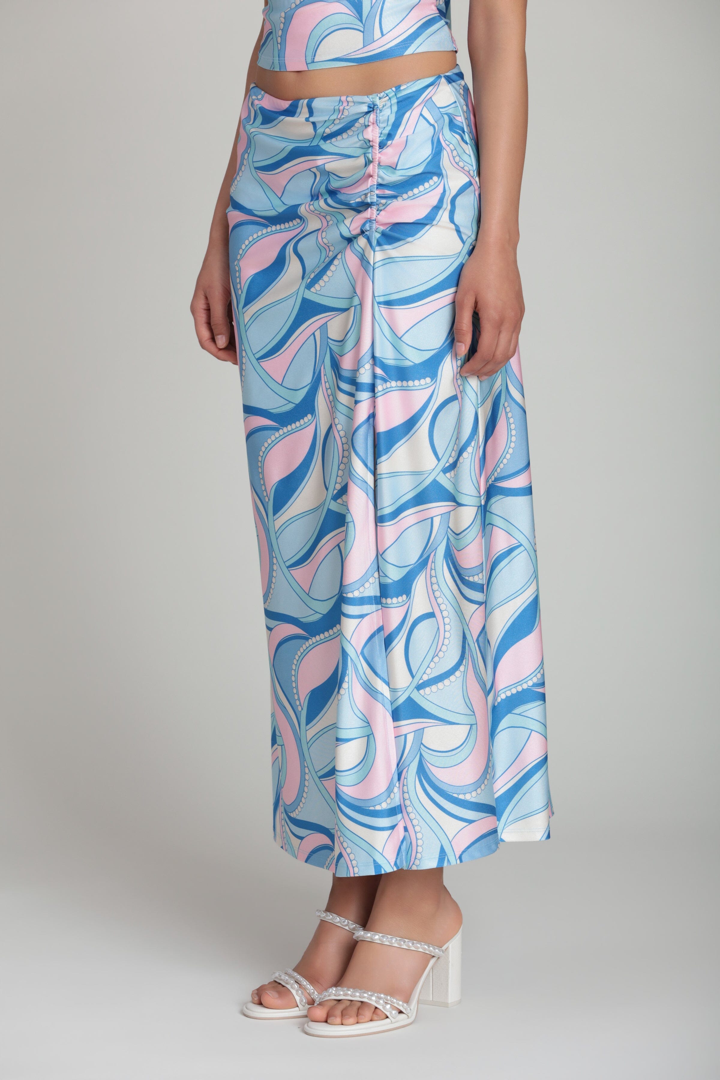 Satin paisley side-ruched blue satin skirt midi with high side slit - Shop women's cute midi skirts by Avec Les Filles