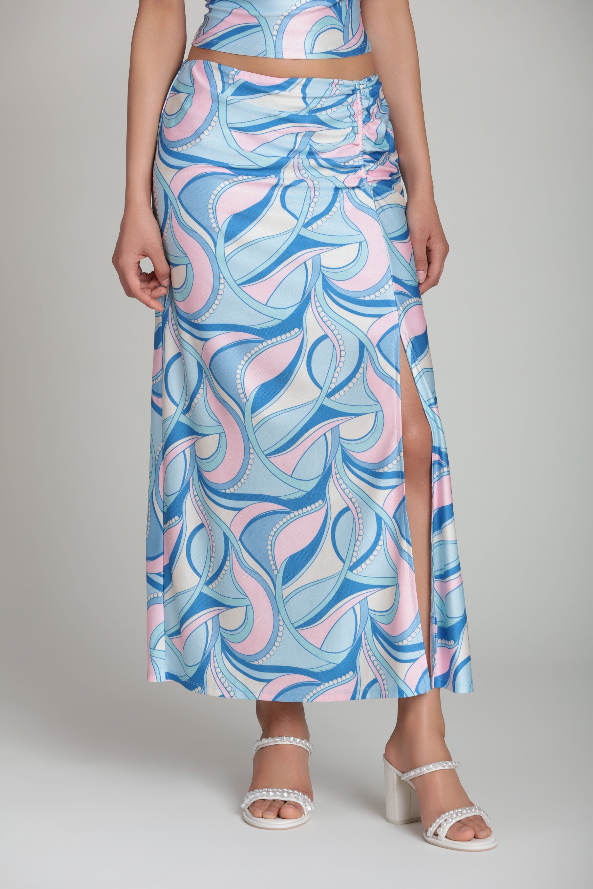 Satin paisley side-ruched blue midi skirt with high side slit - Shop women's cute midi skirts by Avec Les Filles