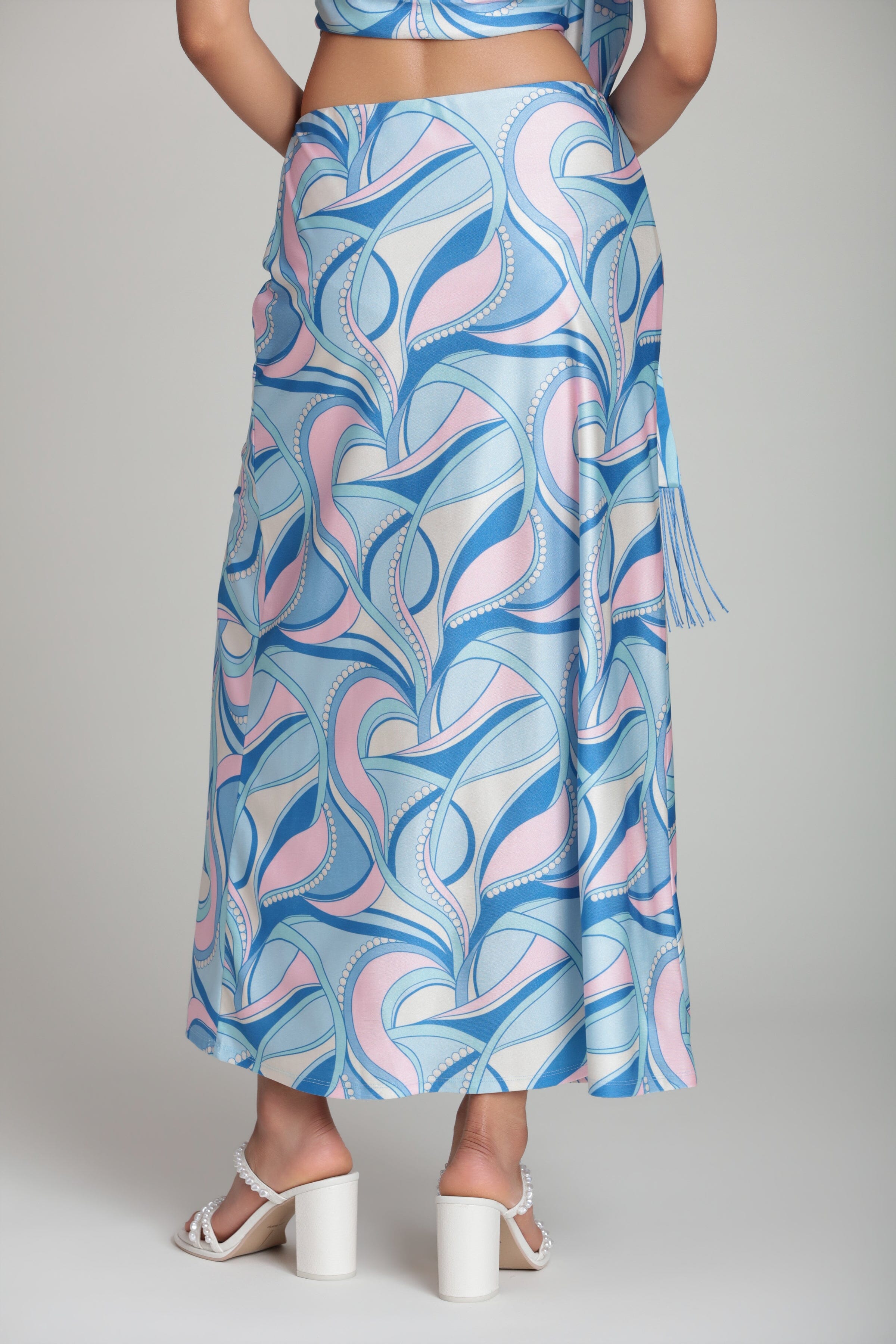 Satin paisley side-ruched blue midi skirt retro with high side slit - Shop women's cute midi skirts by Avec Les Filles