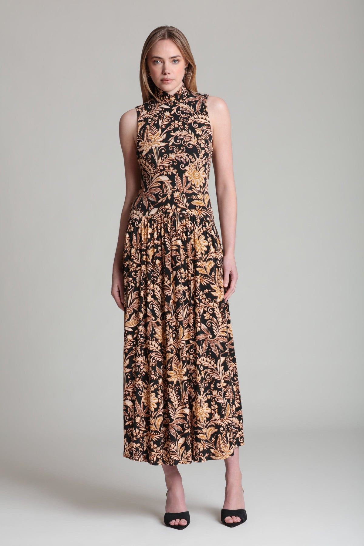 Printed sleeveless jersey and floral maxi dress with a turtleneck - Shop women's floral maxi dresses by Avec Les Filles.