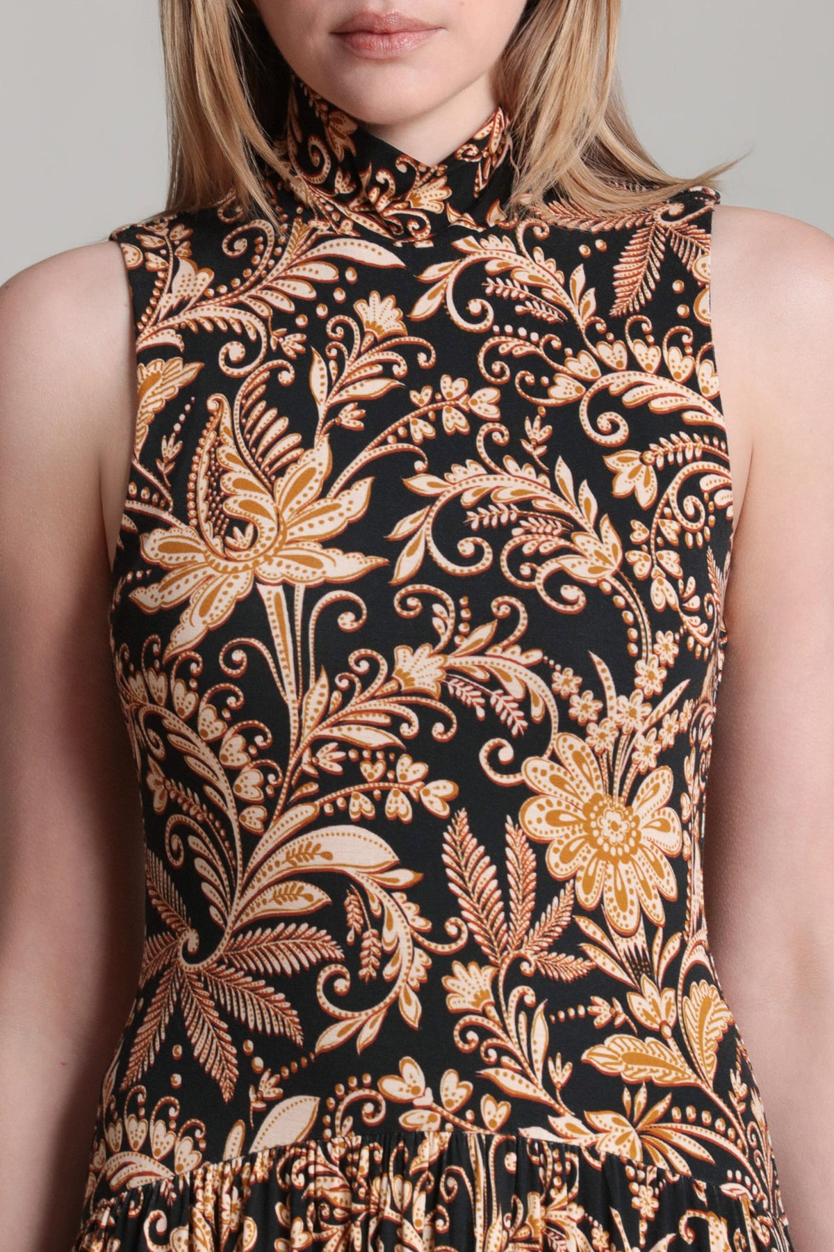 Floral sleeveless jersey maxi dress with a turtleneck - Shop designer women's cute floral maxi dresses by Avec Les Filles.