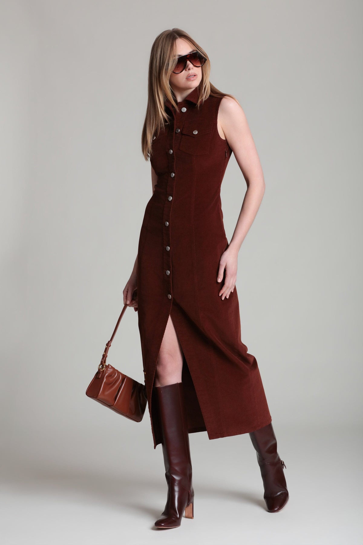 Button-front sleeveless red womens corduroy dress with pointed collar. Shop designer maxi dresses by Avec Les Filles.