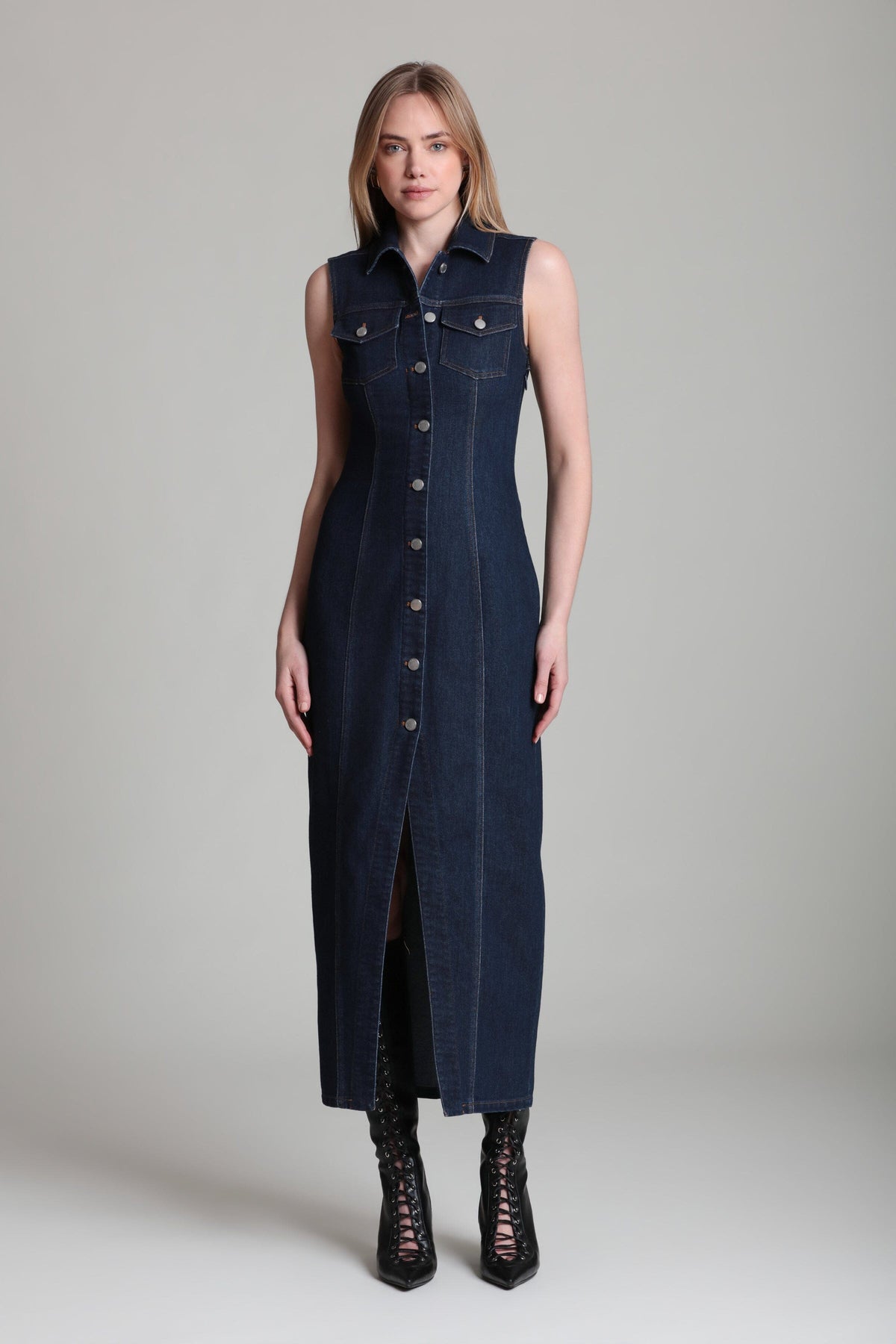 Stretch button-front sleeveless dark blue denim maxi dress - Shop designer women's maxi dresses by Avec Les Filles.