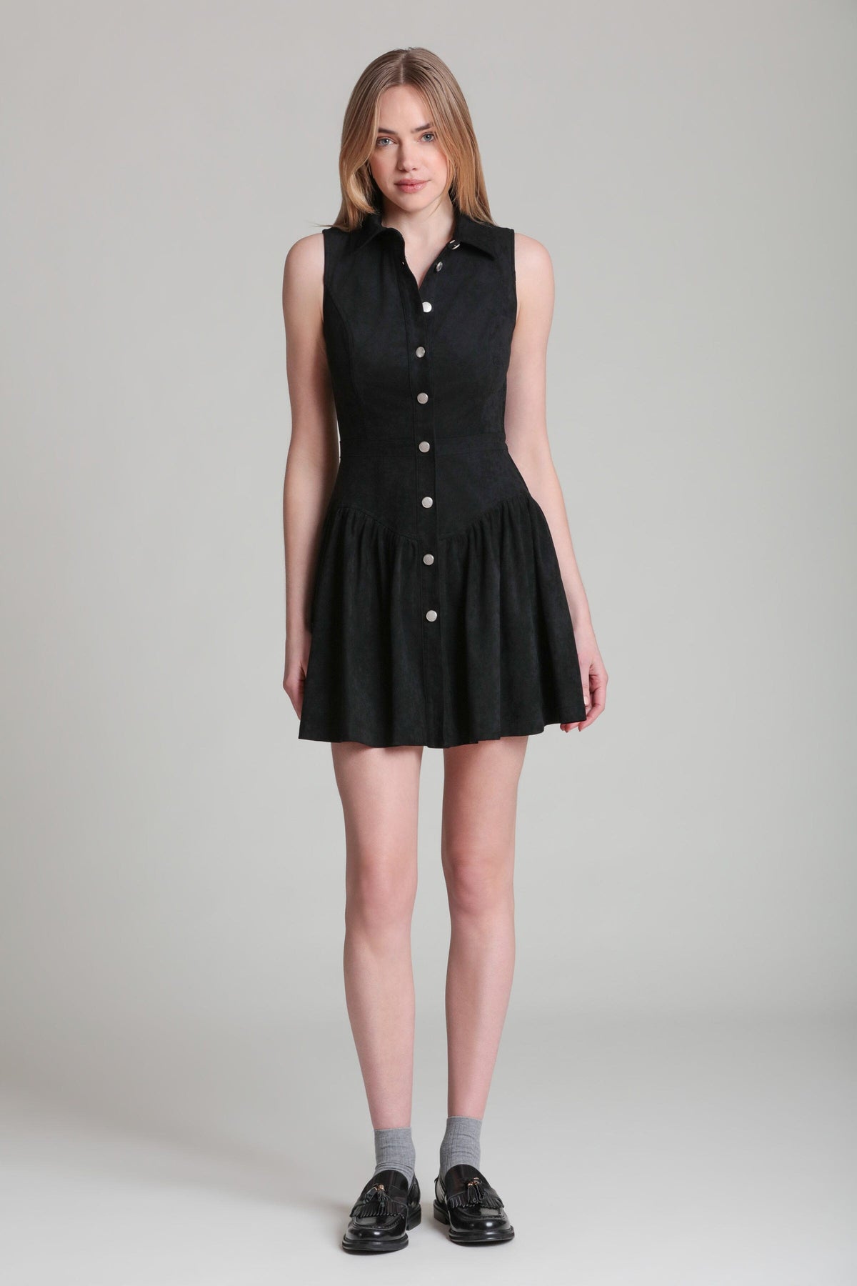 Stretch faux suede sleeveless mini black button up dress with a drop waist - Shop women's mini dresses by Avec Les Filles.