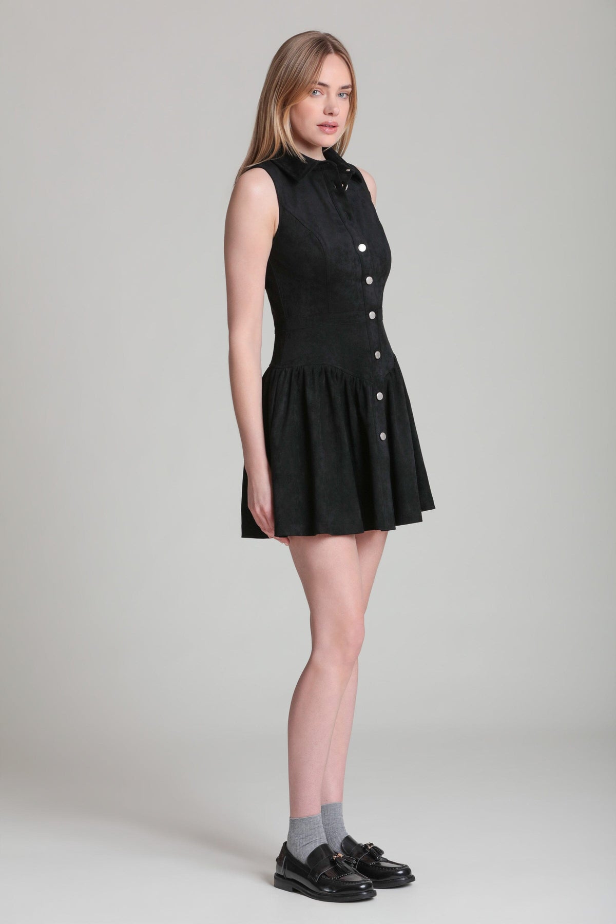 Faux suede sleeveless mini holiday party dress with a drop waist - Shop designer women's mini dresses by Avec Les Filles.