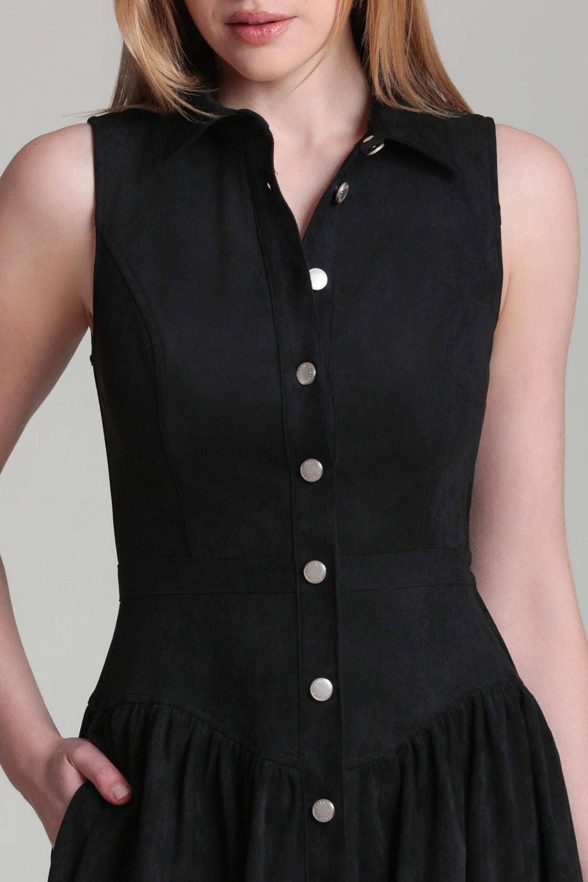 Stretch faux suede sleeveless mini black dress with a drop waist - Shop designer women's mini dresses by Avec Les Filles.