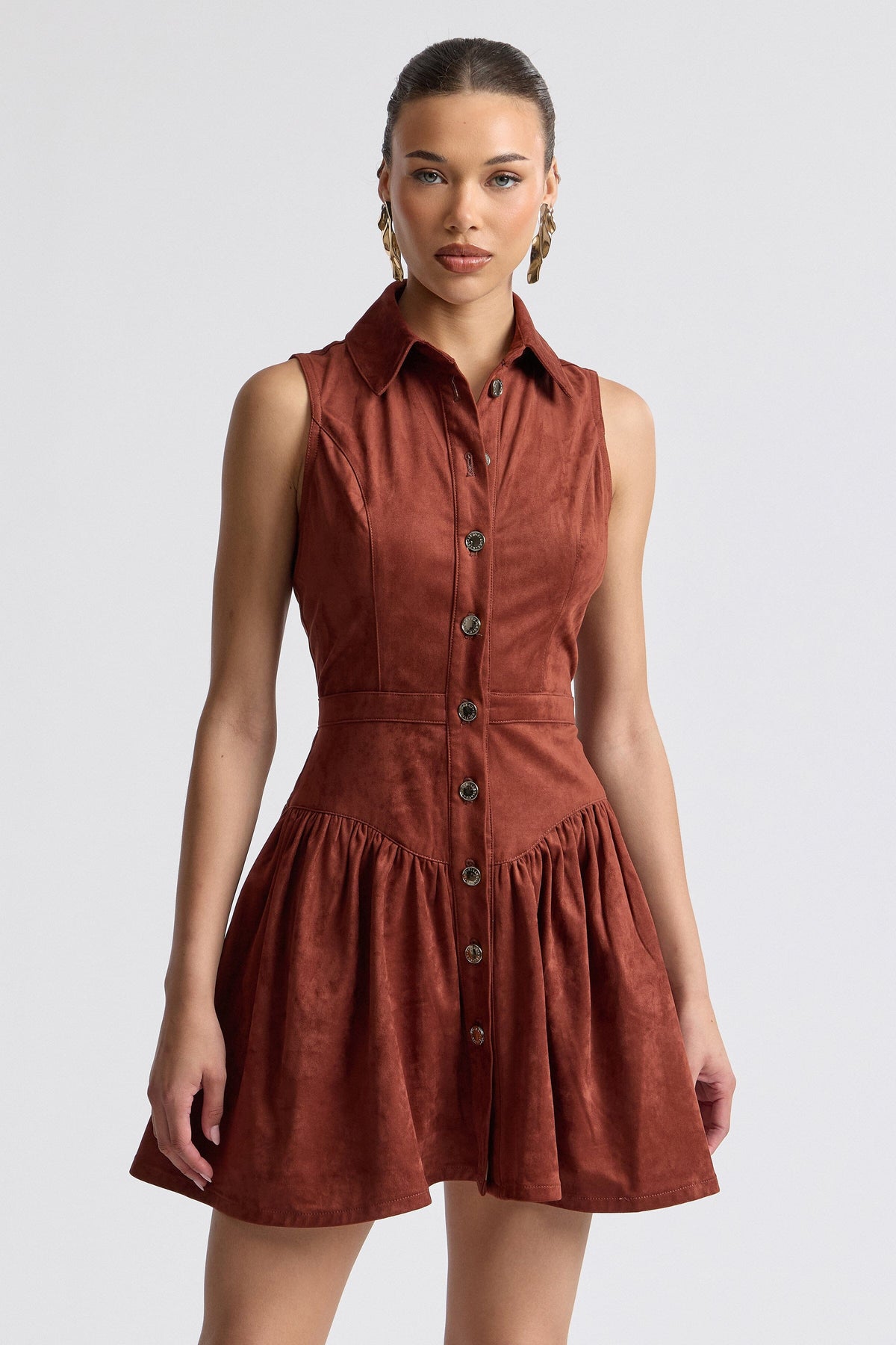 Sleeveless button-front faux suede mini dress - Shop designer women's faux suede dresses by Avec Les Filles.
