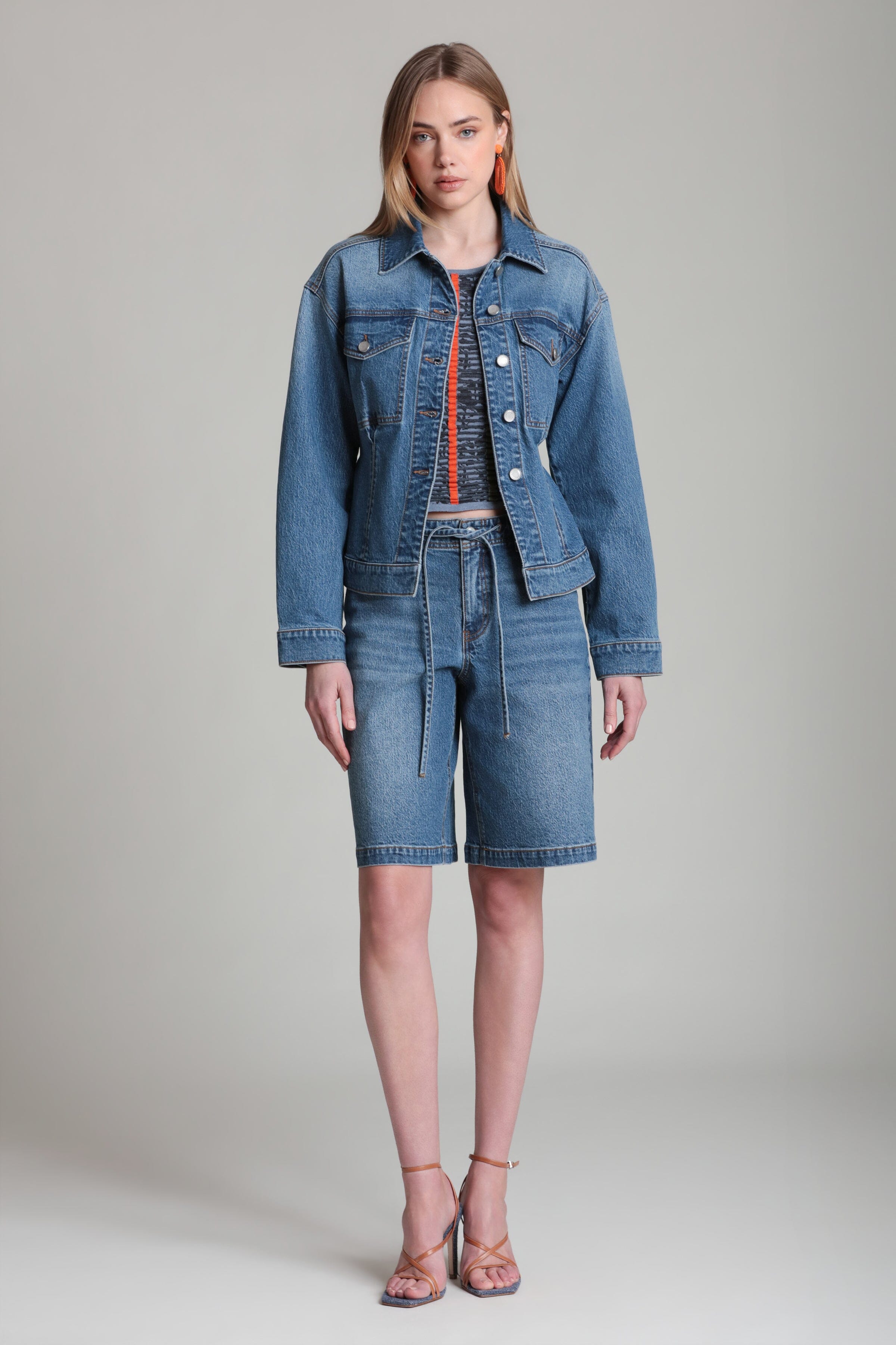 Cinched Back Trucker Blue Denim Belted Jacket
