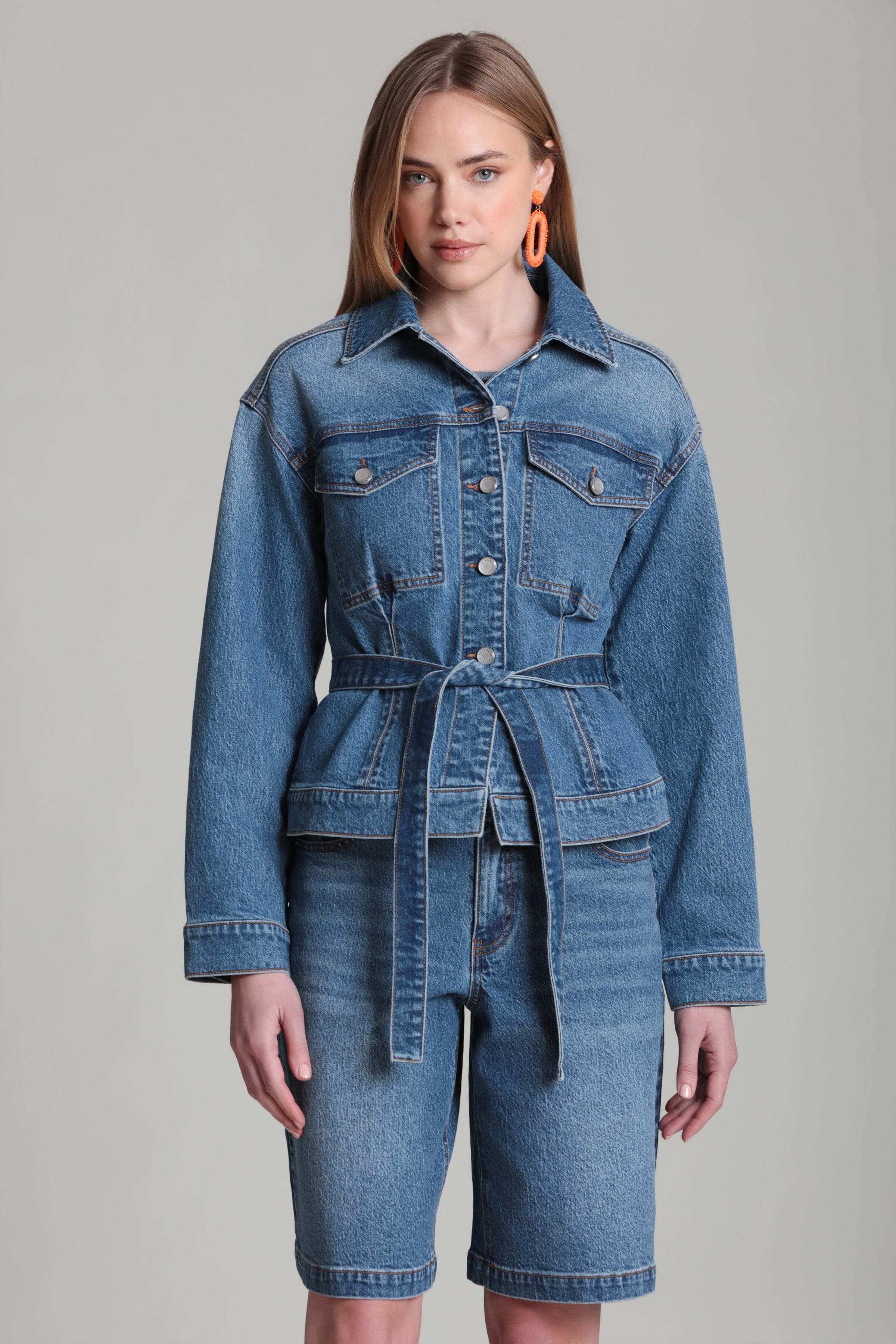 Trucker blue denim belted jacket in cotton blend with button-front - Shop women's cute denim jackets by Avec Les Filles