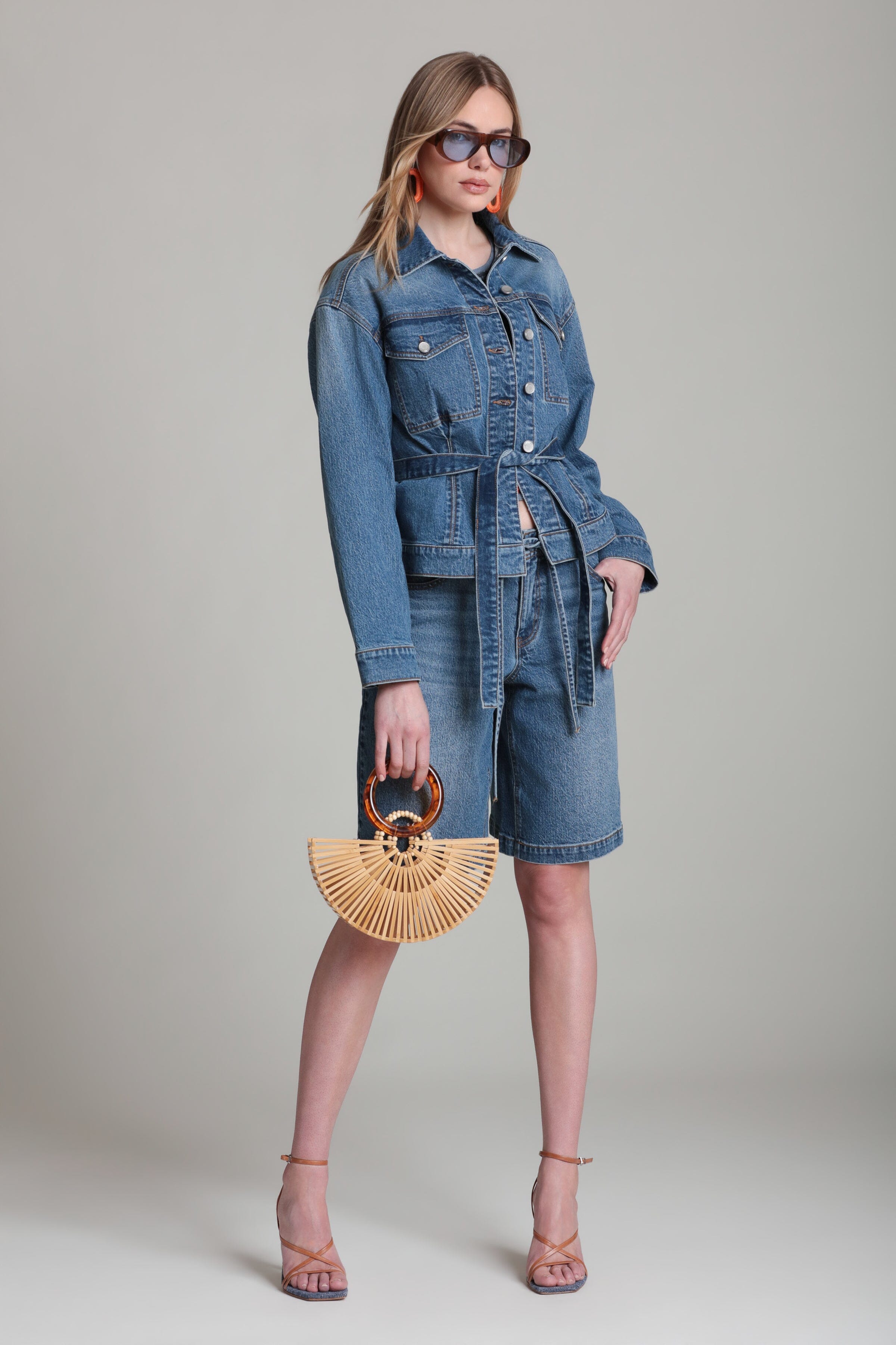 Trucker blue tie belt denim jacket in cotton blend with denim drawstring shorts - Shop denim jackets  & shorts by Avec Les Filles
