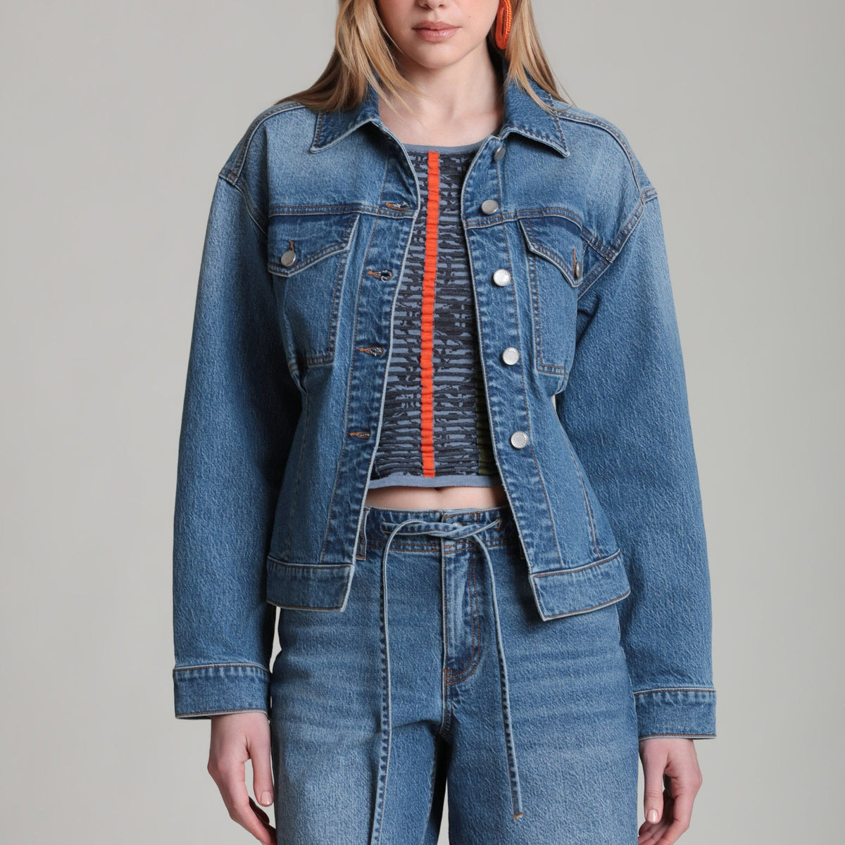 Cinched Back Trucker Blue Denim Belted Jacket