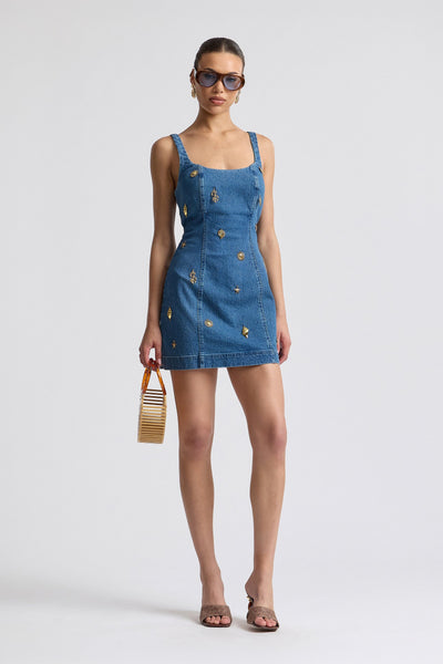 Charm Embellished Bodycon Denim Blue Jeans Dress