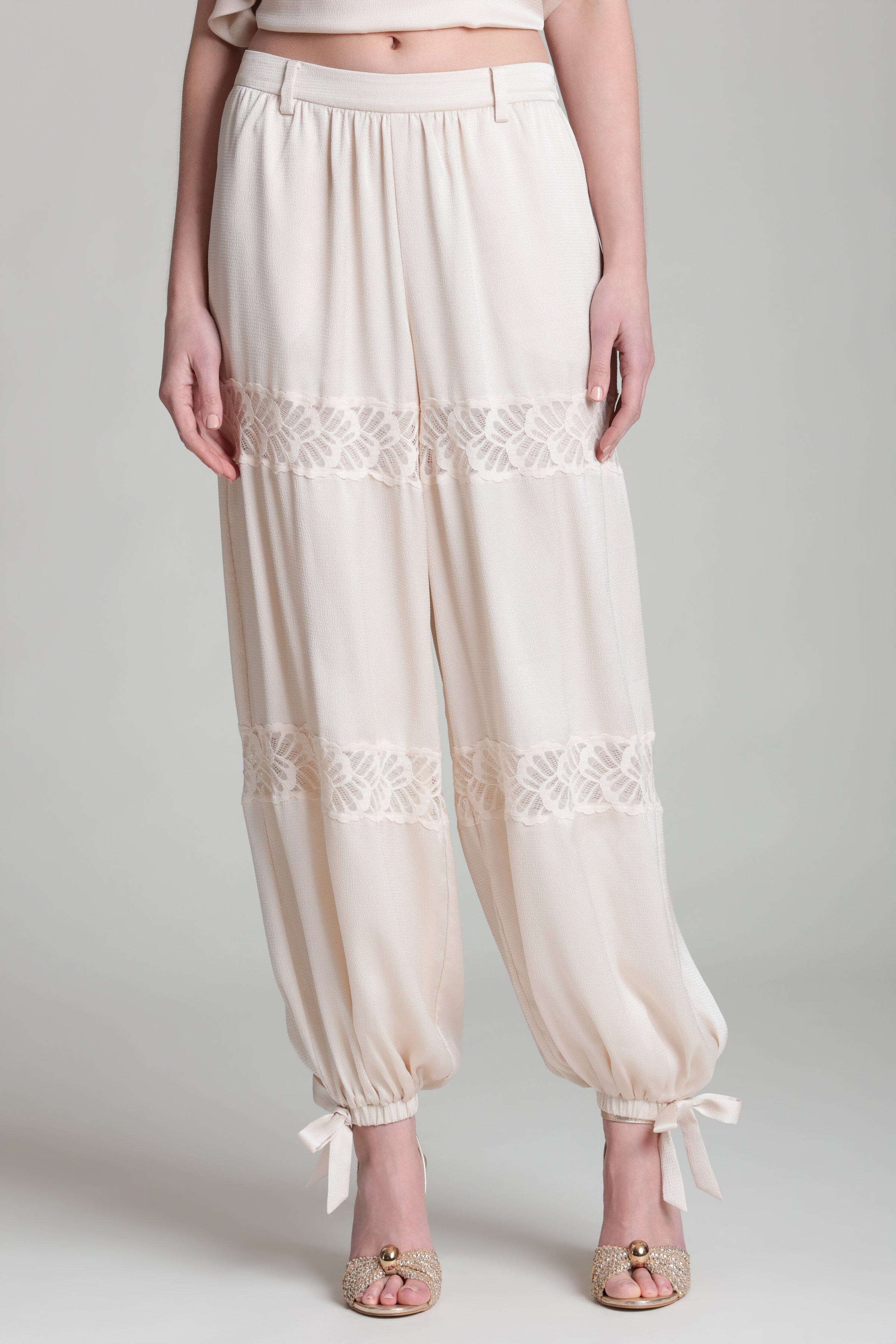 Satin crepe balloon ivory wide leg pants with blouson leg - Shop designer women's cute ivory satin pants by Avec Les Filles