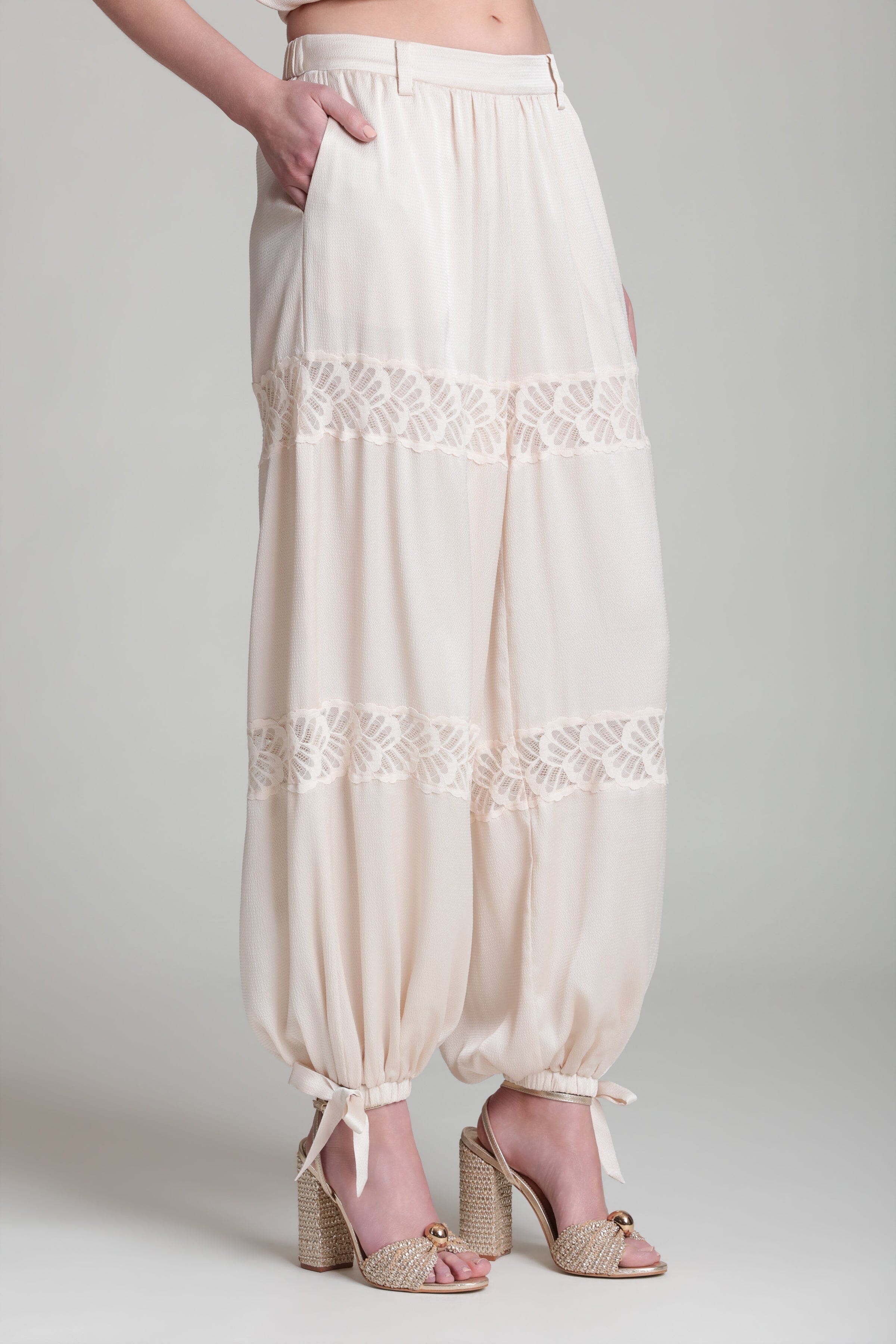 Balloon ivory satin pants with an elastic waistband - Shop designer women's cute ivory satin pants by Avec Les Filles
