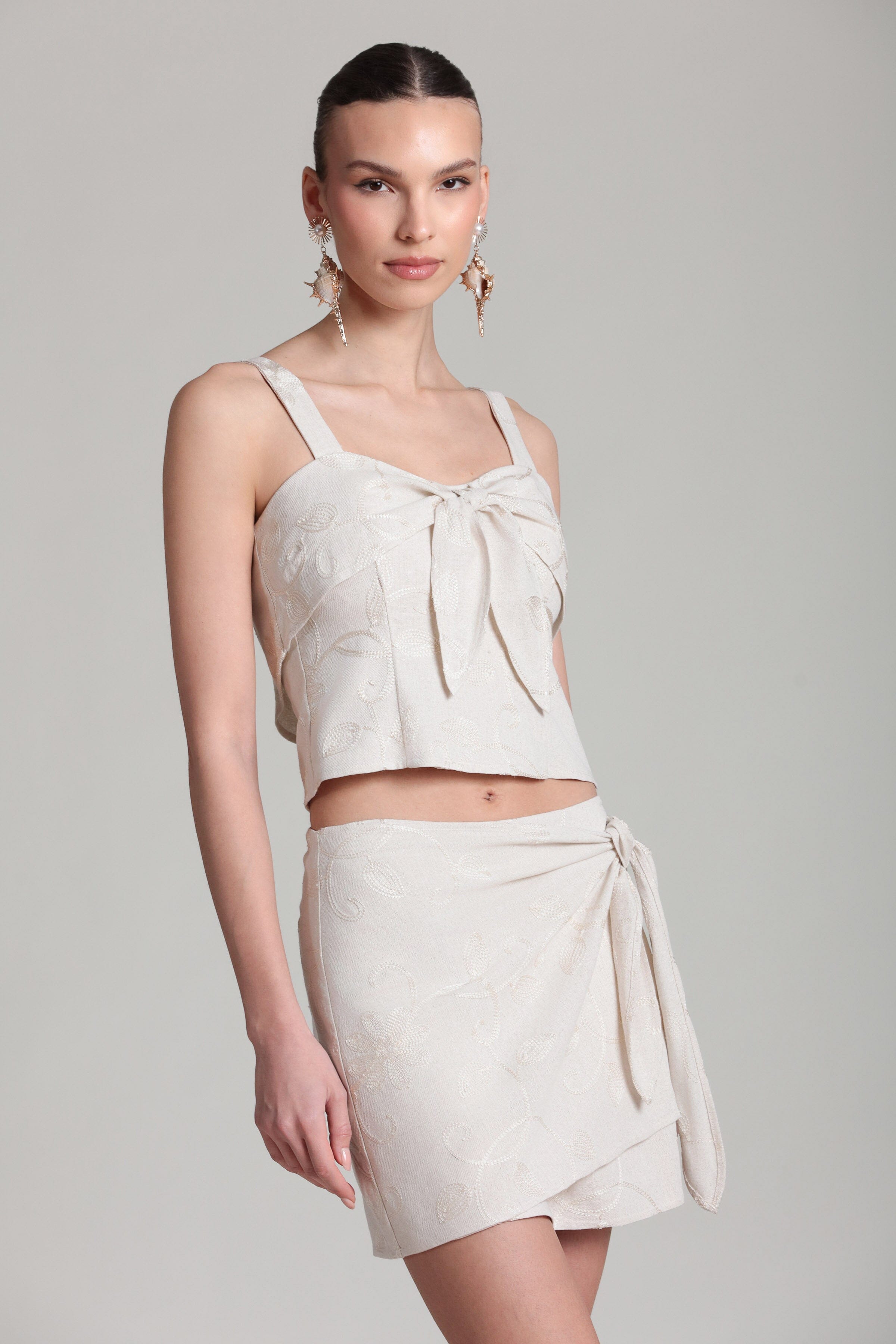 Embroidered linen blend flowy white cami tank top with wrap linen skirt - Shop women's cute tan tops by Avec Les Filles.