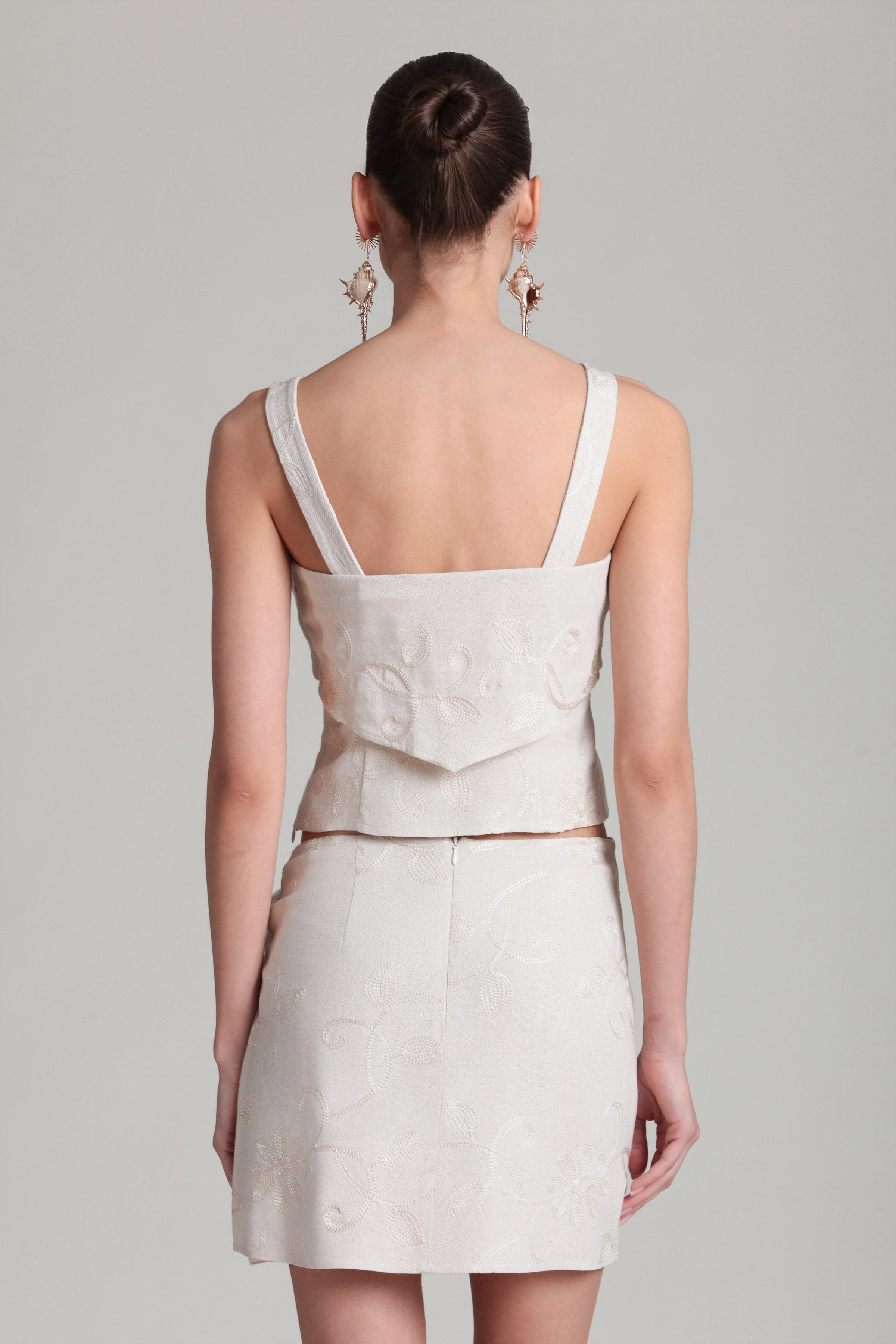 Embroidered linen blend white tie front crop top with linen skirt wrap - Shop women's cute tan tops by Avec Les Filles.