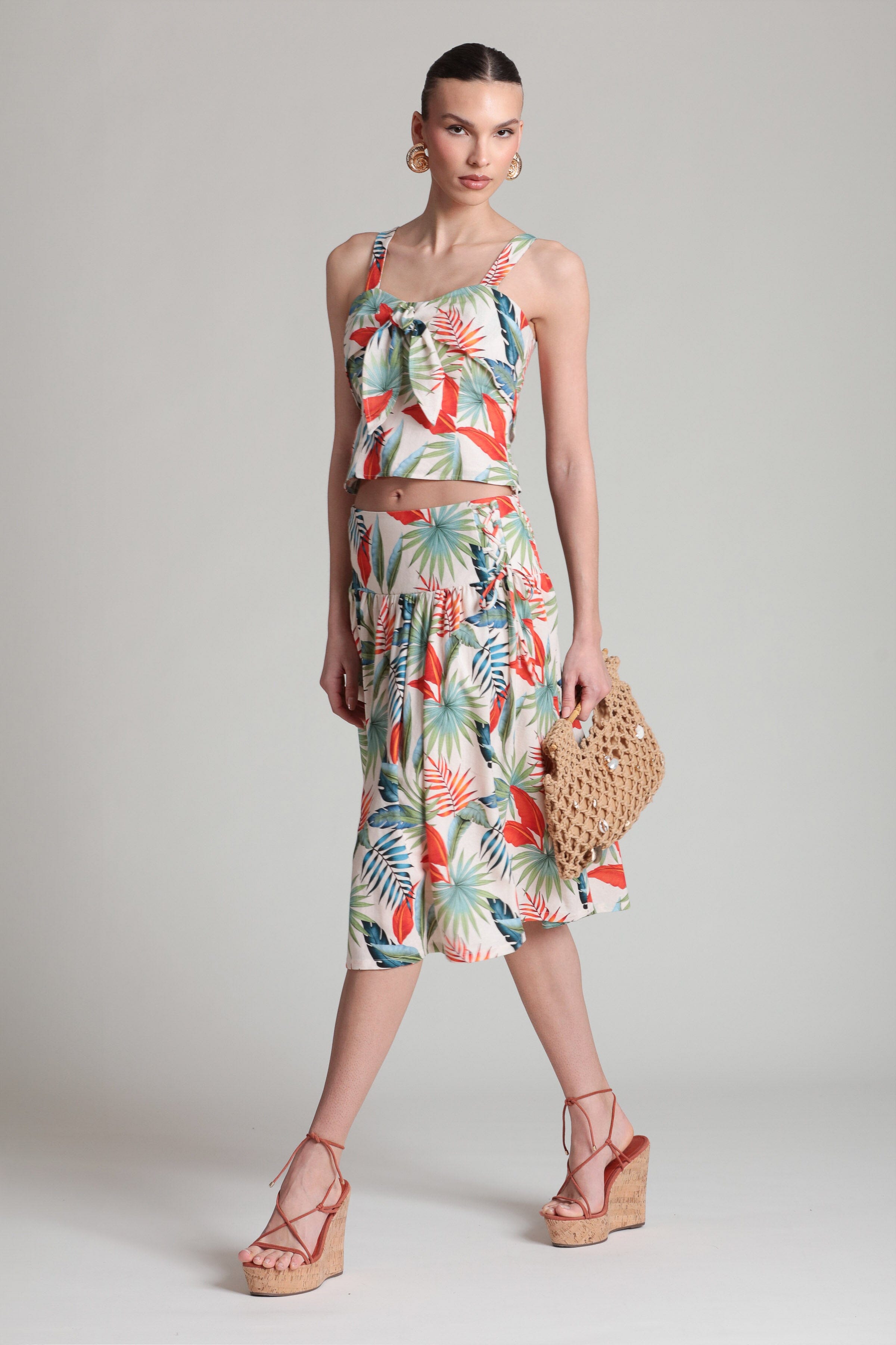 Tropical Print Linen Blend Tie Front Top Shirts & Tops Avec Les Filles 