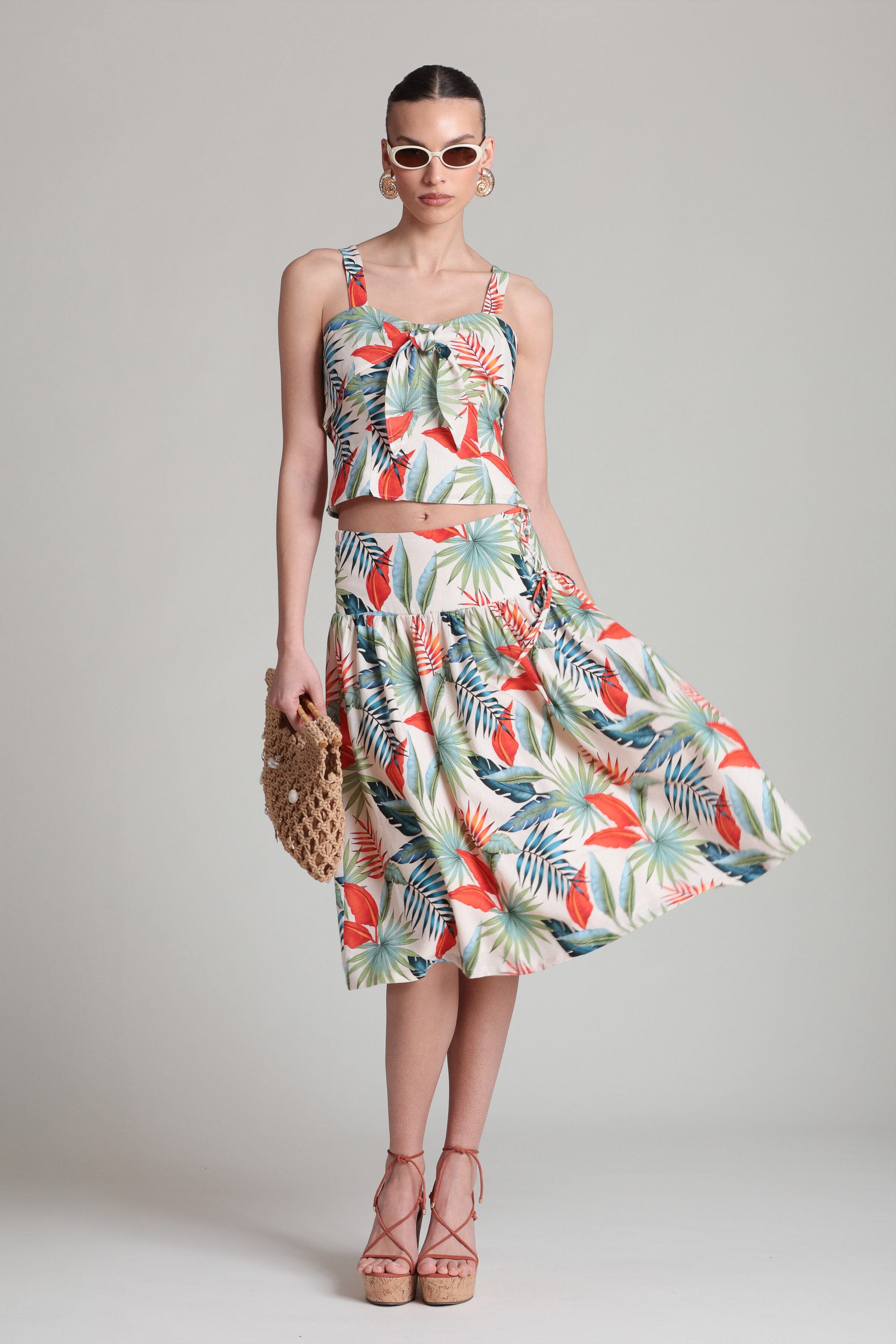 Tropical Print Linen Blend Tie Front Top Shirts & Tops Avec Les Filles 